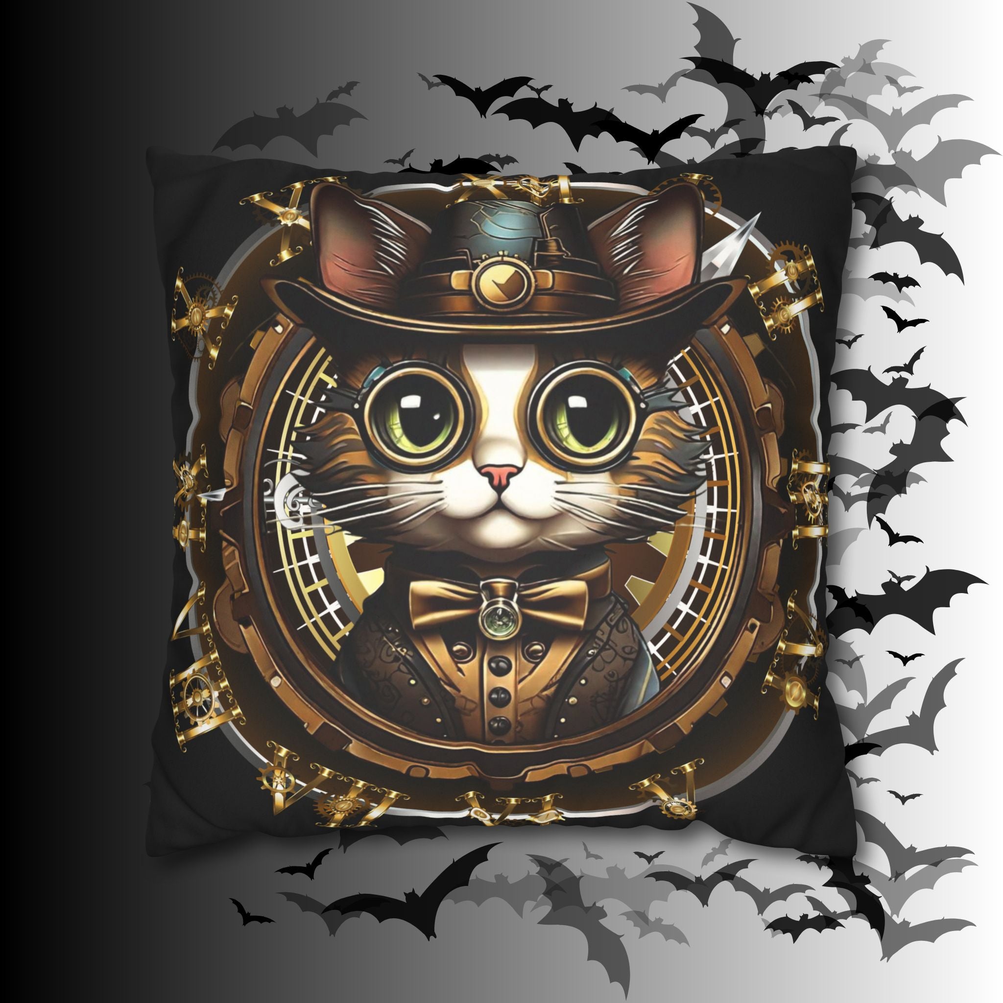 Steampunk Cat Throw Pillow — Vintage Industrial Gothic Home Decor