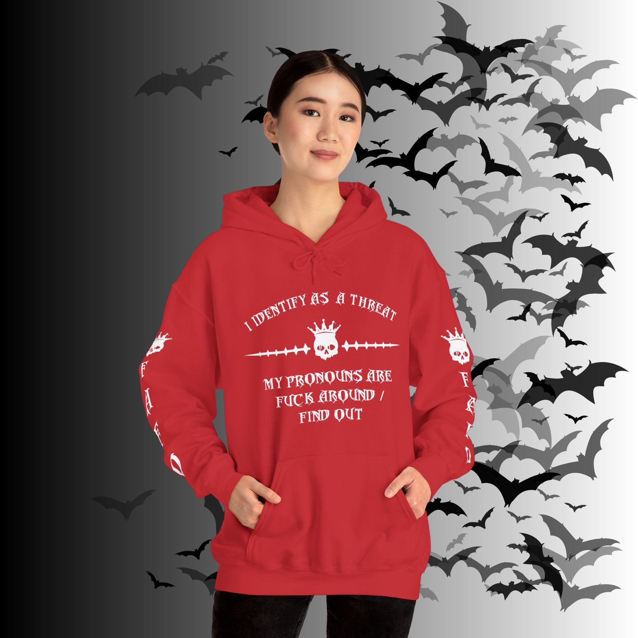 I Identify As a Threat Hoodie — Gothic Skull Sleeve Print FAFO Black