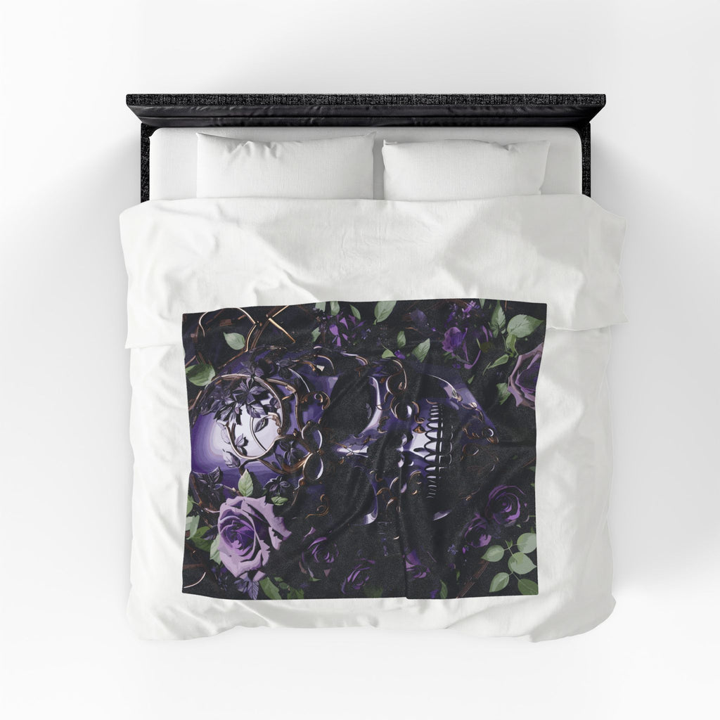 Gothic Black & Purple Botanical Skull Throw Blanket — Dark Floral Home Decor