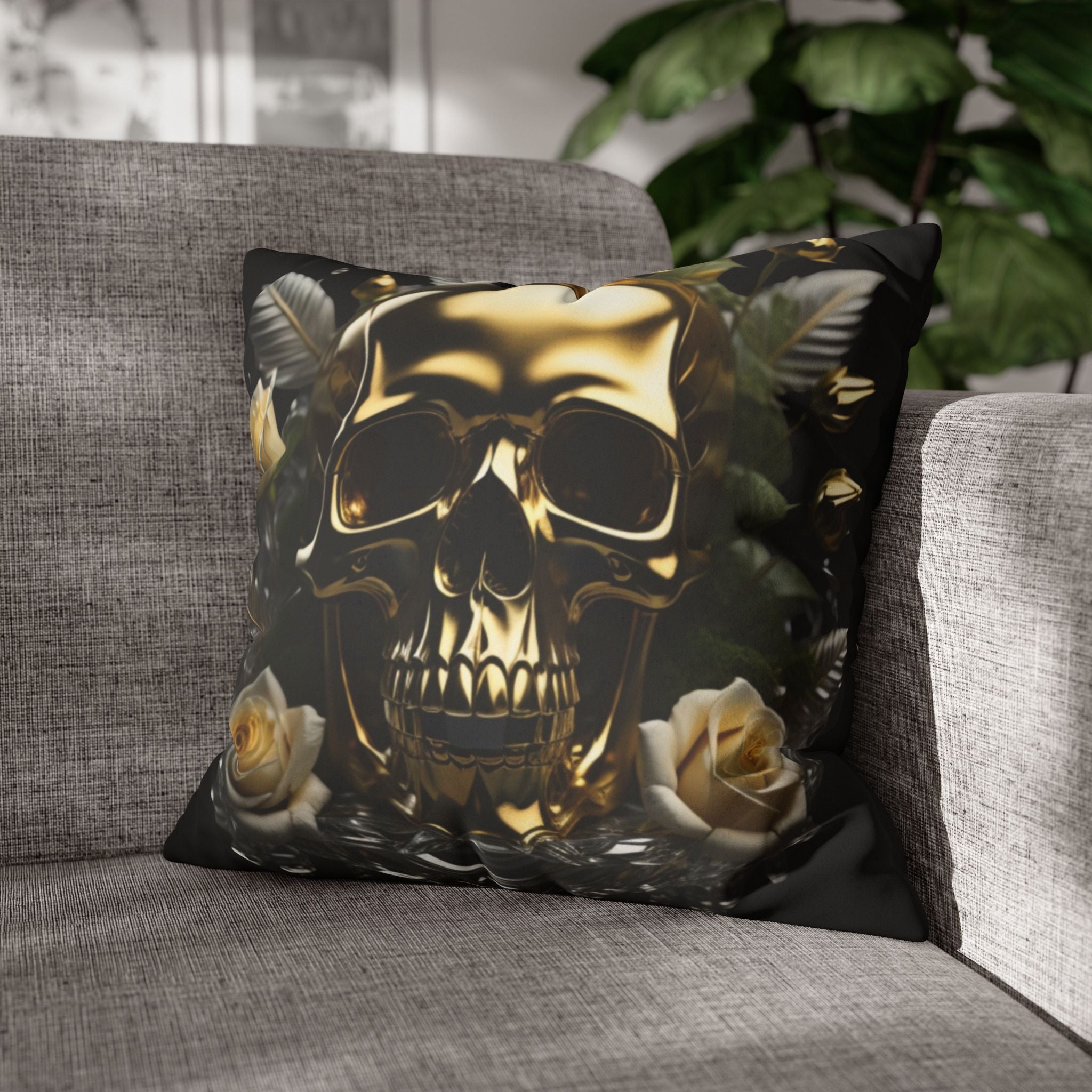 Gold Skull Botanical Throw Pillow — Dark Floral Gothic Home Decor