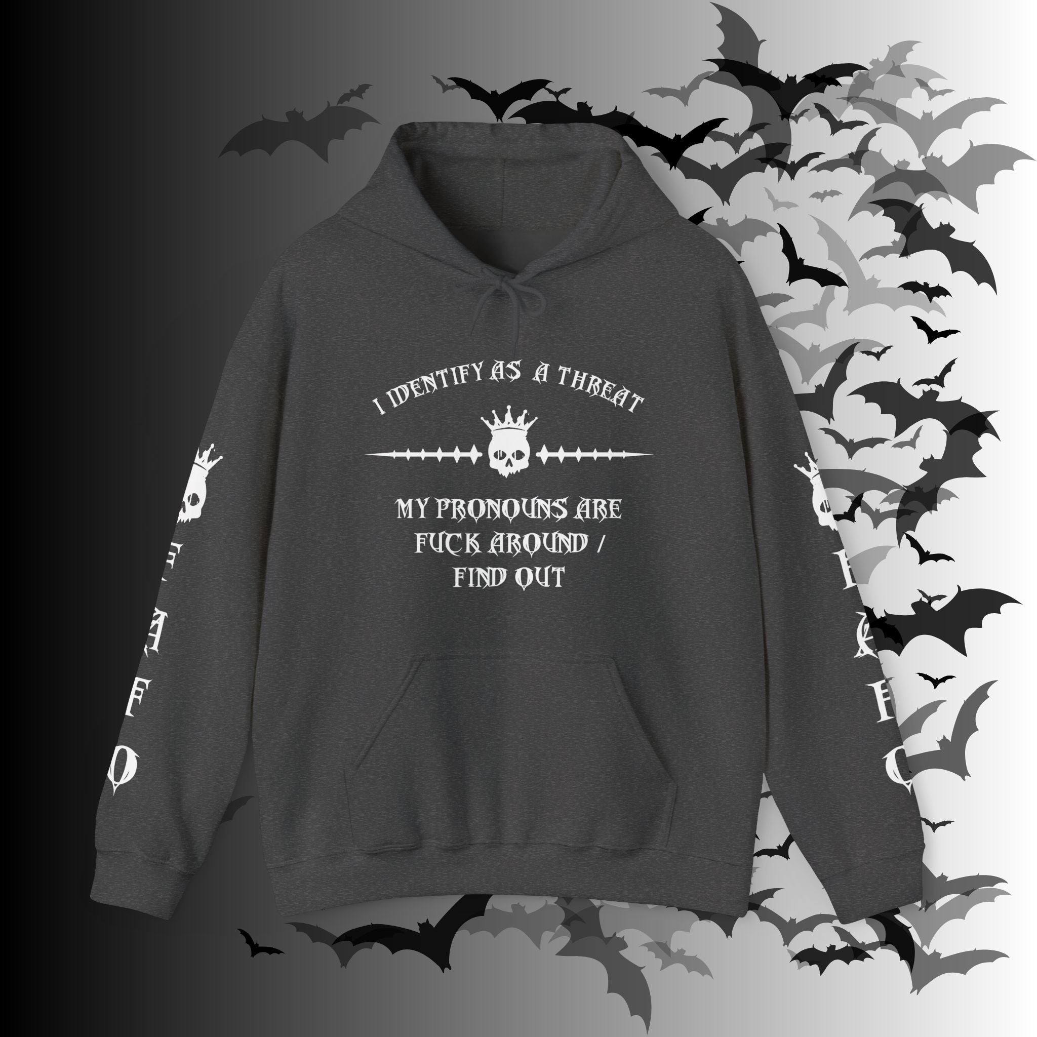 I Identify As a Threat Hoodie — Gothic Skull Sleeve Print FAFO Black