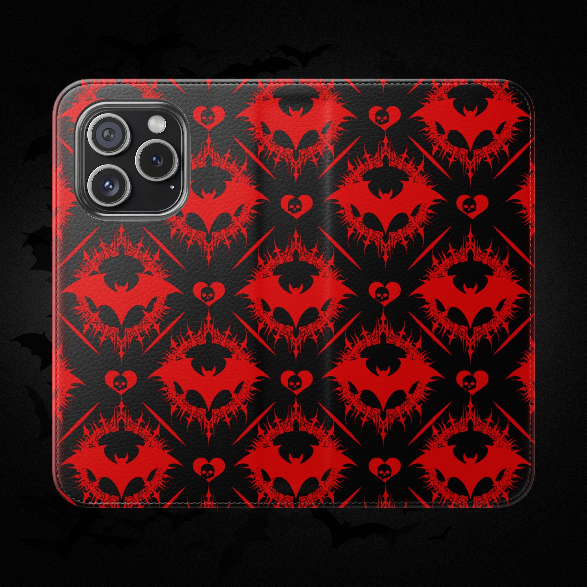 Gothic Bat Wallet Flip Case - Elegant Goth Phone Wallet - Bat Pattern Flip Case - Gothic Phone Case - Stylish Wallet Phone Case
