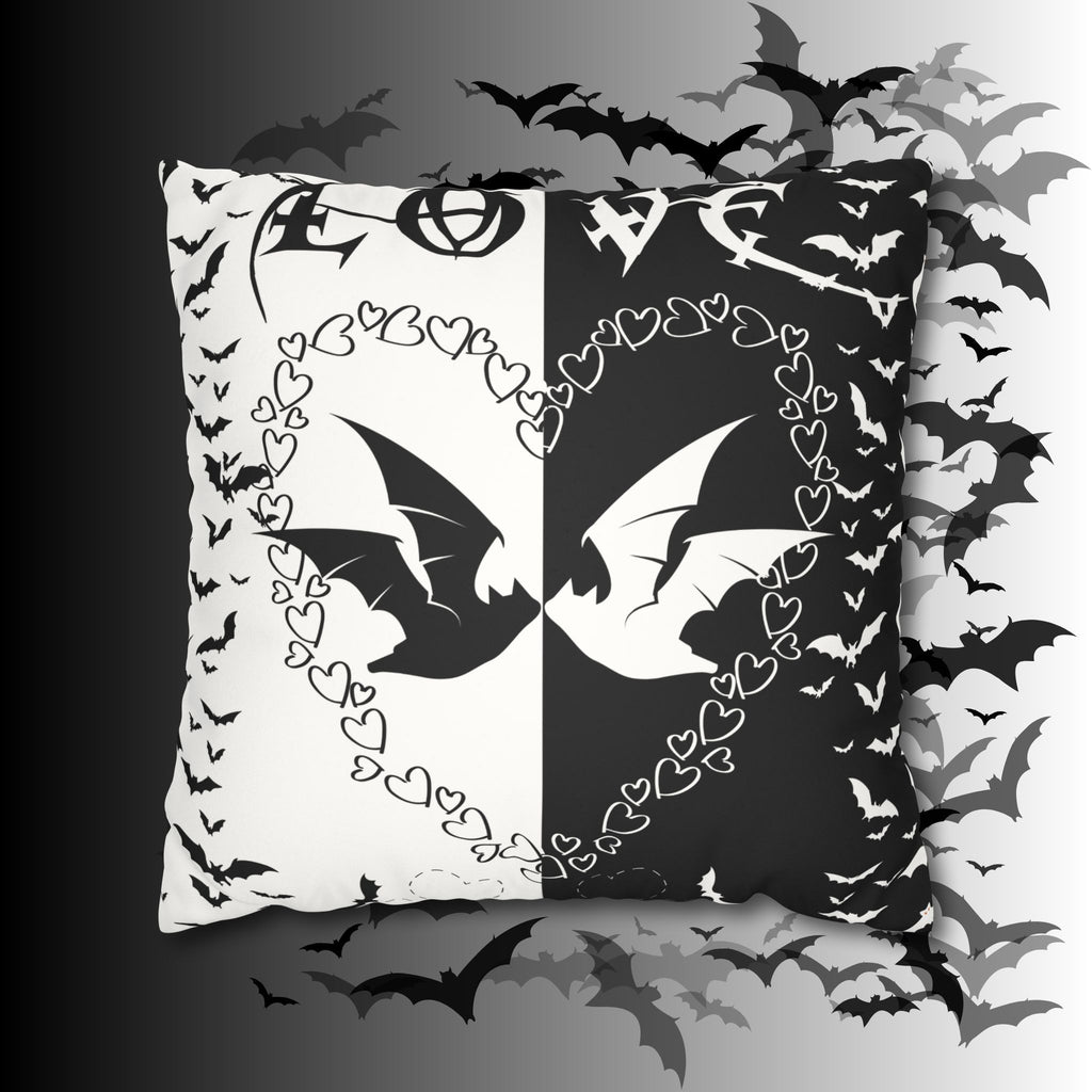 Gothic Bats Heart Throw Pillow — Black White Halloween Dark Home Decor