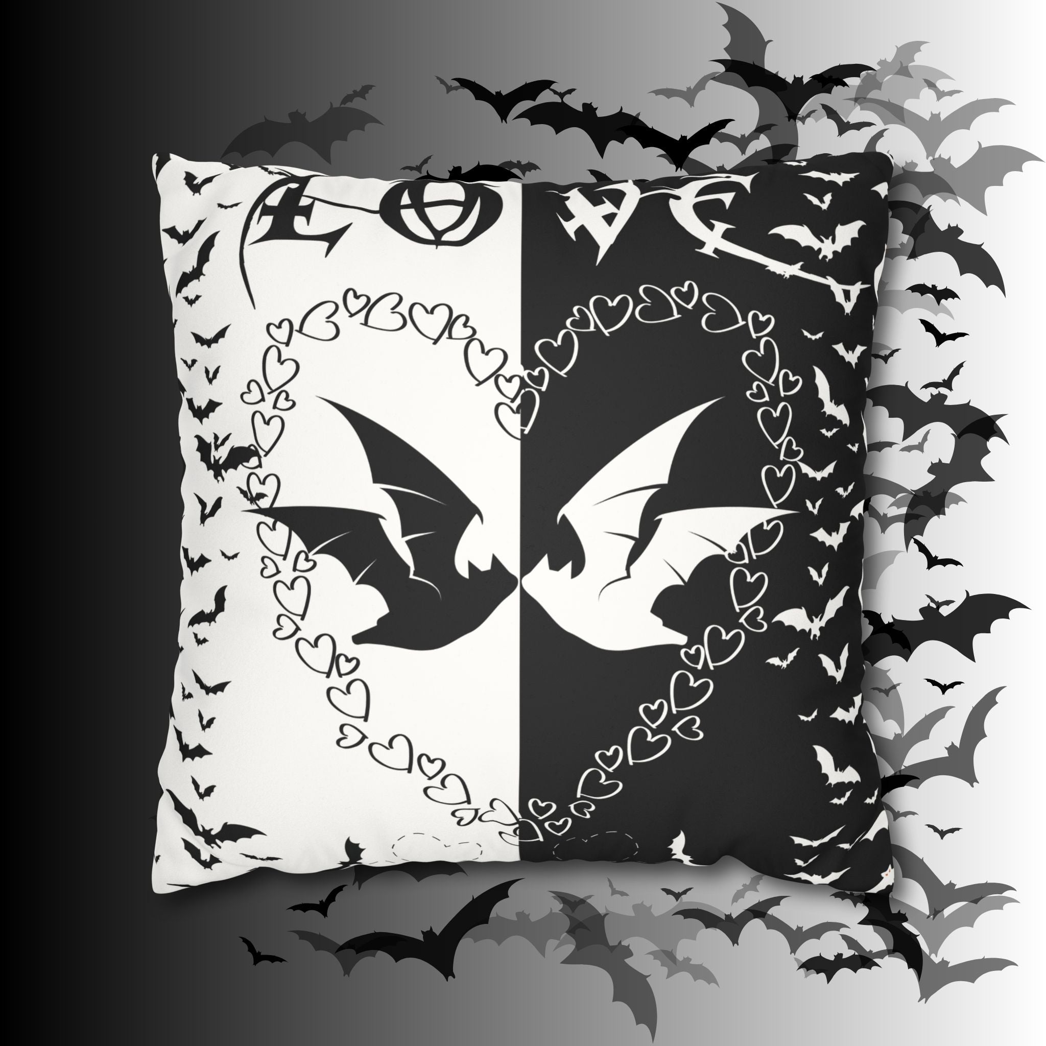 Gothic Bats Heart Throw Pillow — Black White Halloween Dark Home Decor