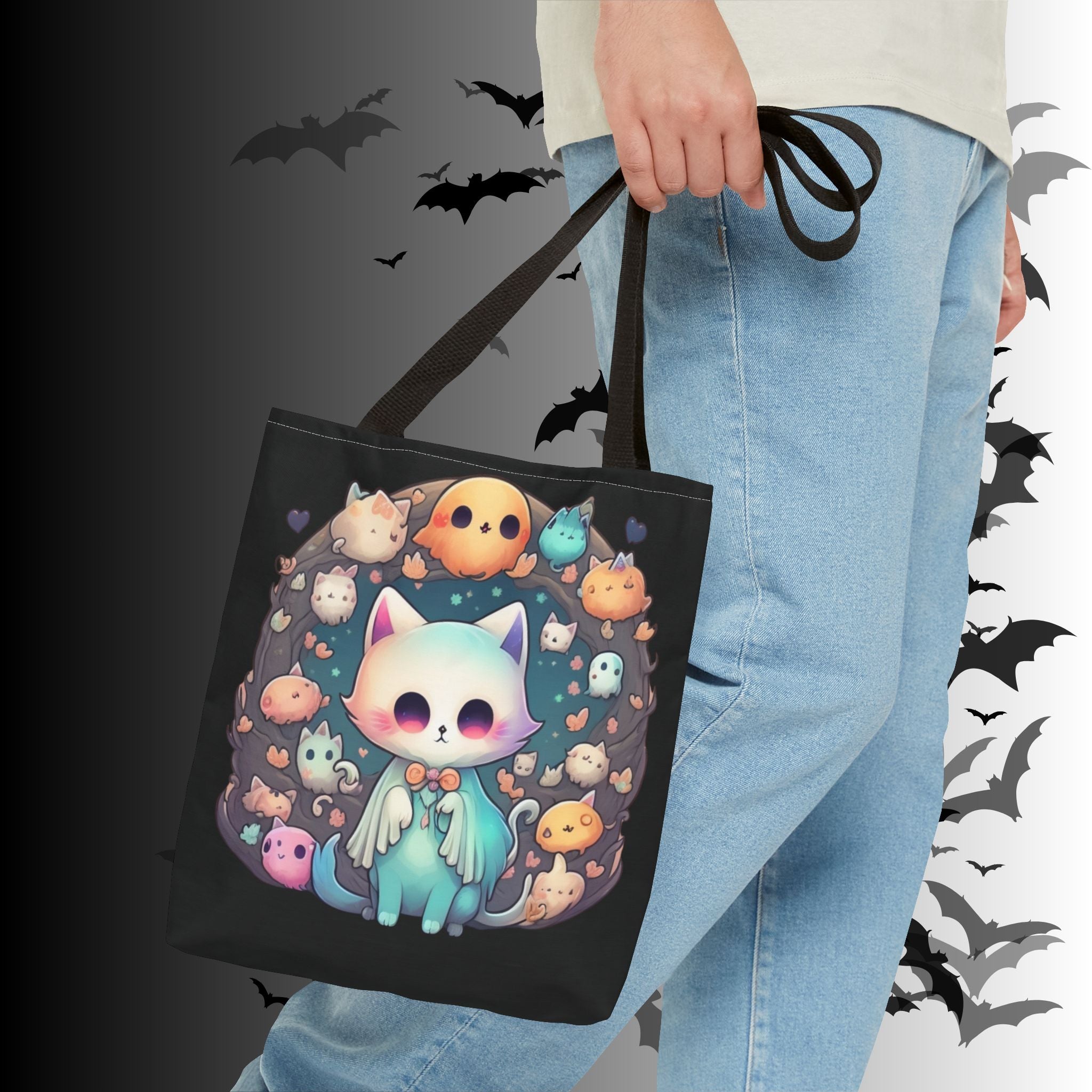 Pastel Goth Ghost Cat Tote Bag — Kawaii Spooky All-Over Print
