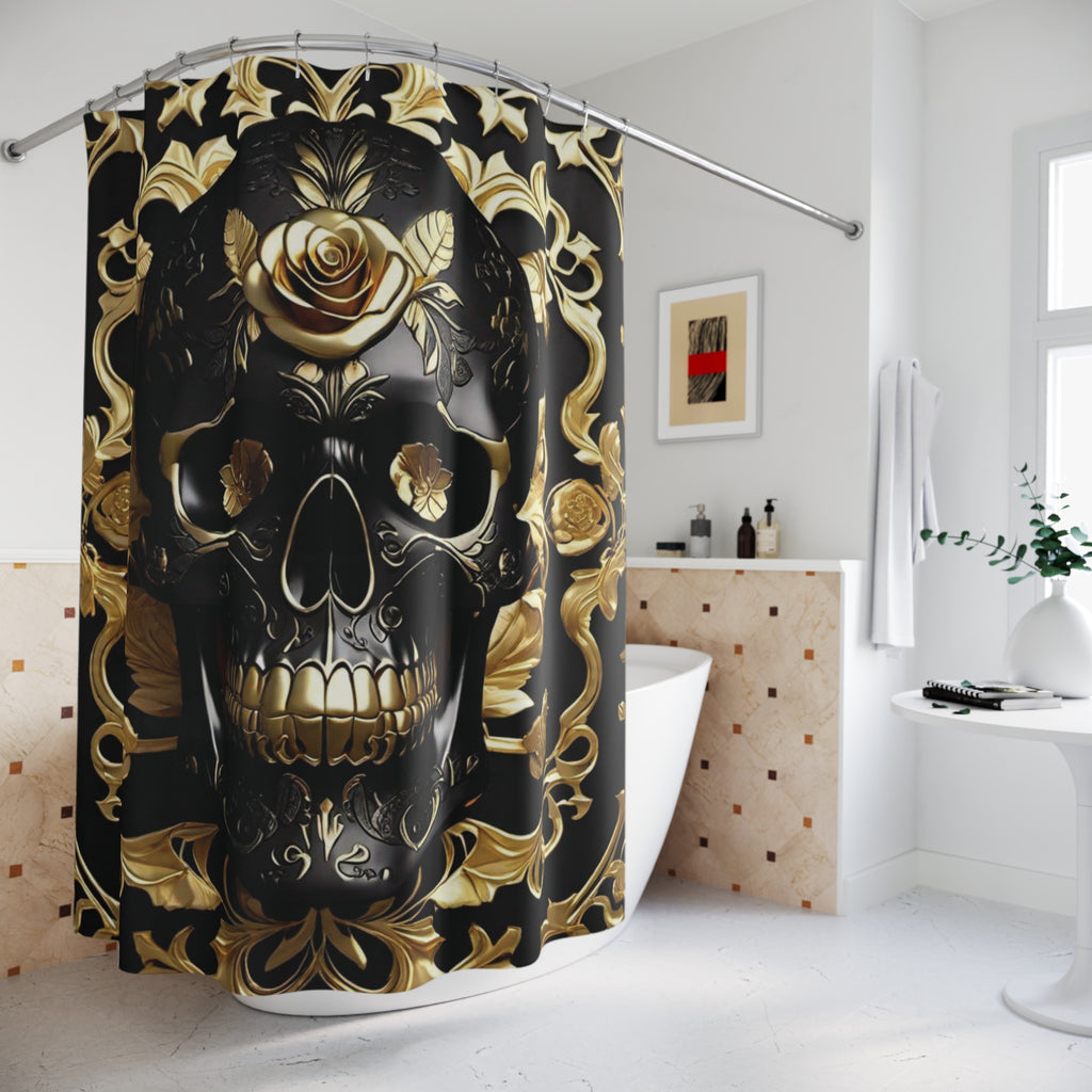 Gothic Black & Gold Skull Shower Curtain — Luxury Baroque Bathroom Decor