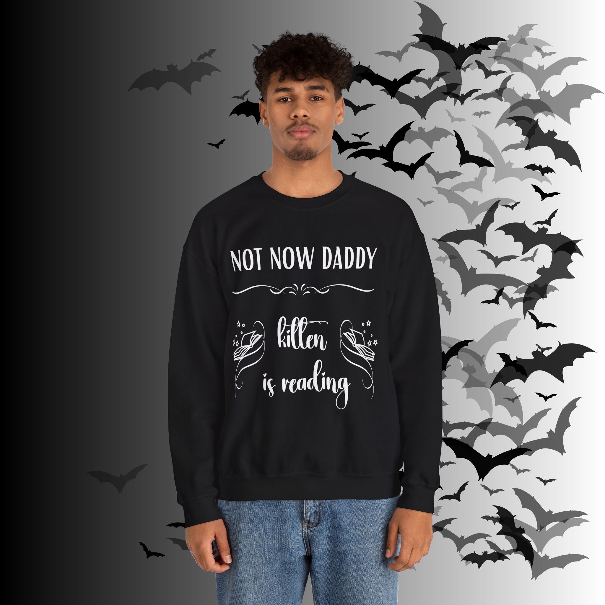 Not Now Daddy Kitten Is Reading Crewneck Sweatshirt — Funny Book Lover