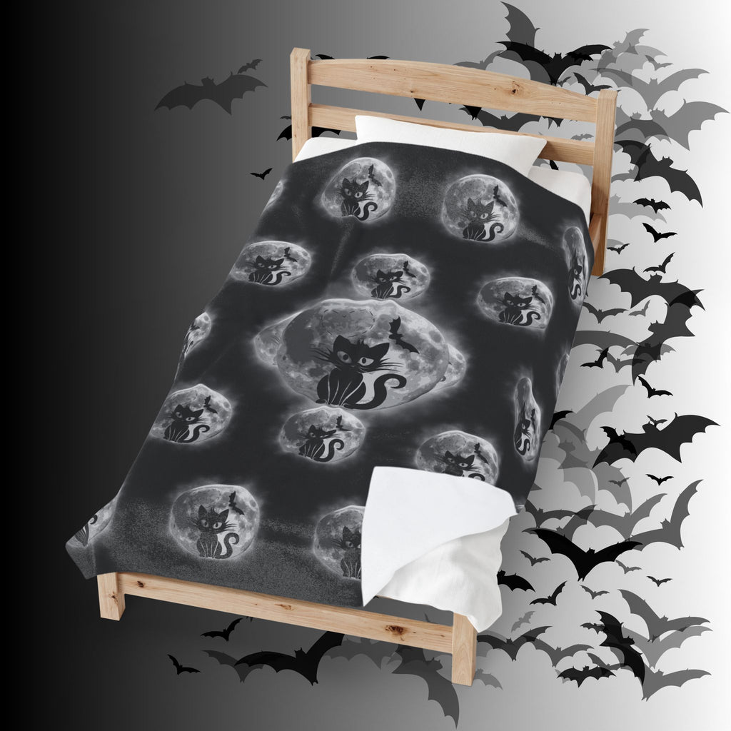 Gothic Black Cat Throw Blanket — Full Moon Bat Dark Home Decor