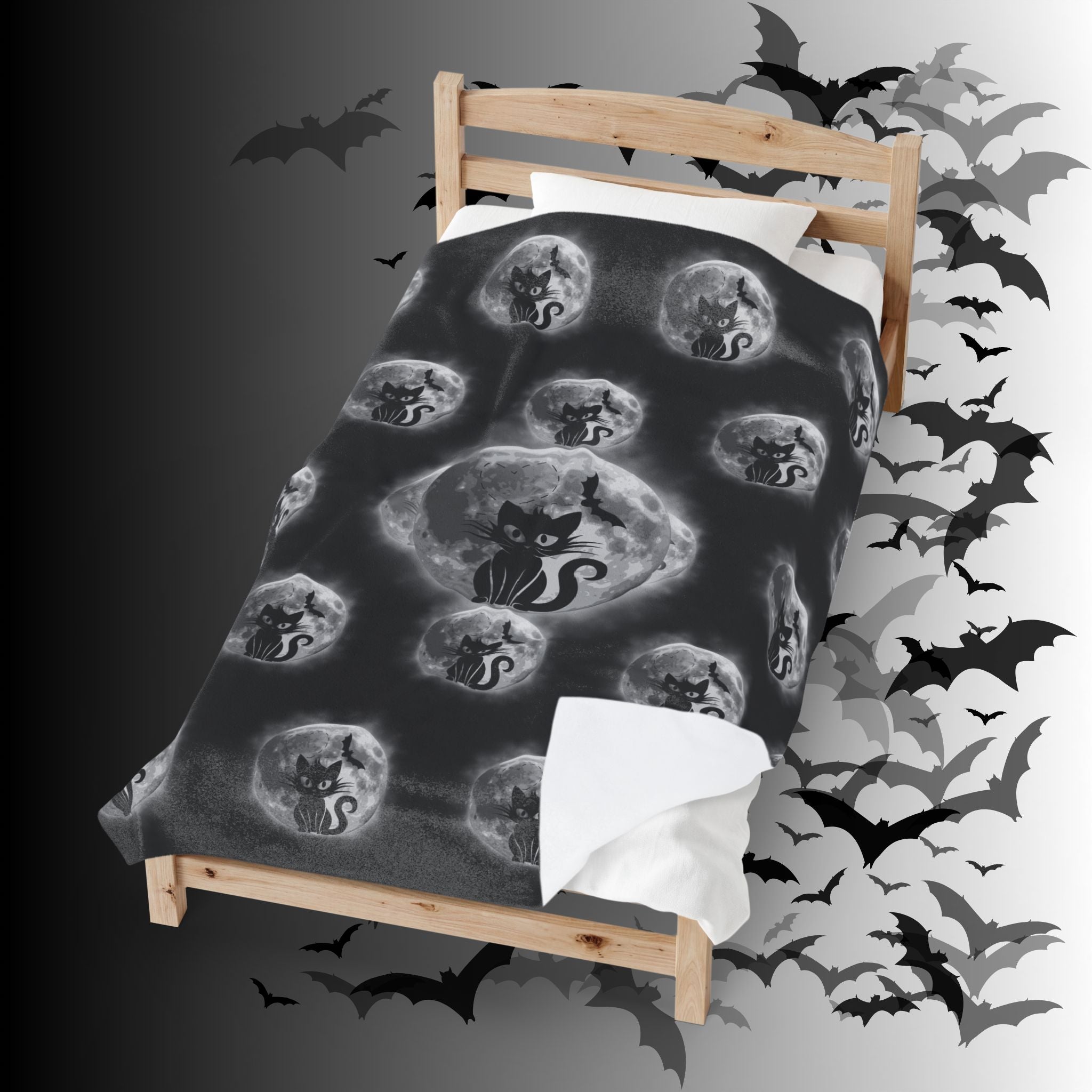 Gothic Black Cat Throw Blanket — Full Moon Bat Dark Home Decor