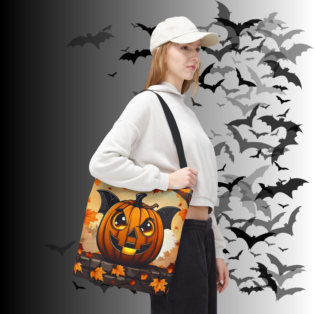 Bat Wing Jack-o'-Lantern Halloween Tote Bag — Autumn Leaves Print