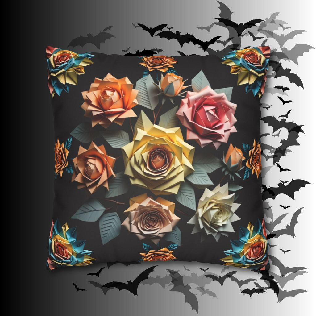 Gothic Origami Rose Throw Pillow — Dark Floral Botanical Home Decor