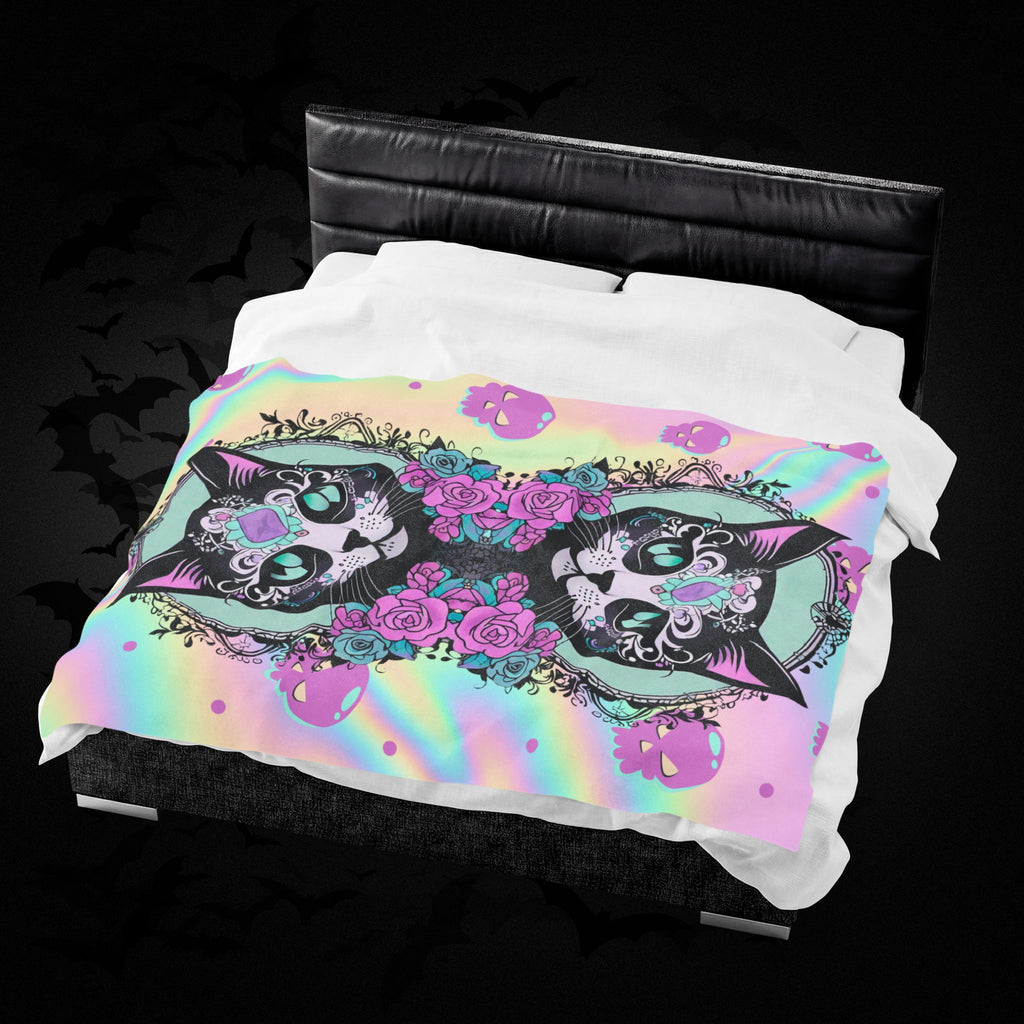 Pastel Goth Sugar Skull Cat Throw Blanket — Floral Gothic Home Decor