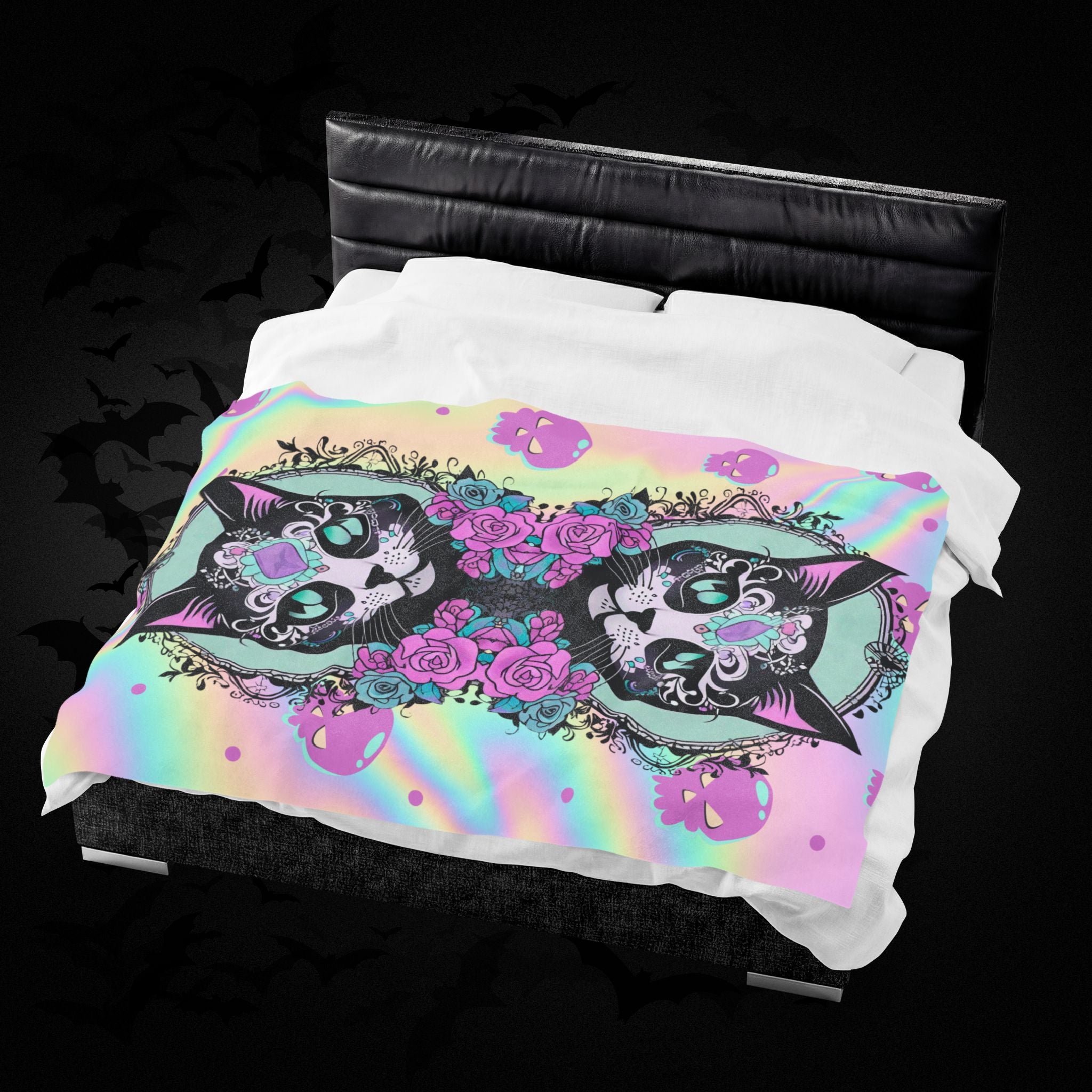 Pastel Goth Sugar Skull Cat Throw Blanket — Floral Gothic Home Decor