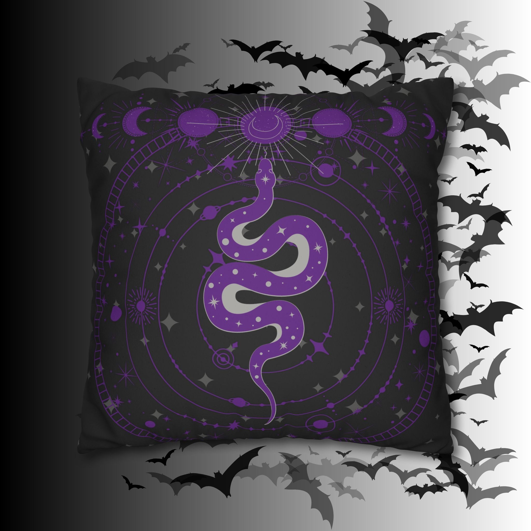 Purple Celestial Snake Moon Phases Throw Pillow — Witchy Gothic Dark Home Decor
