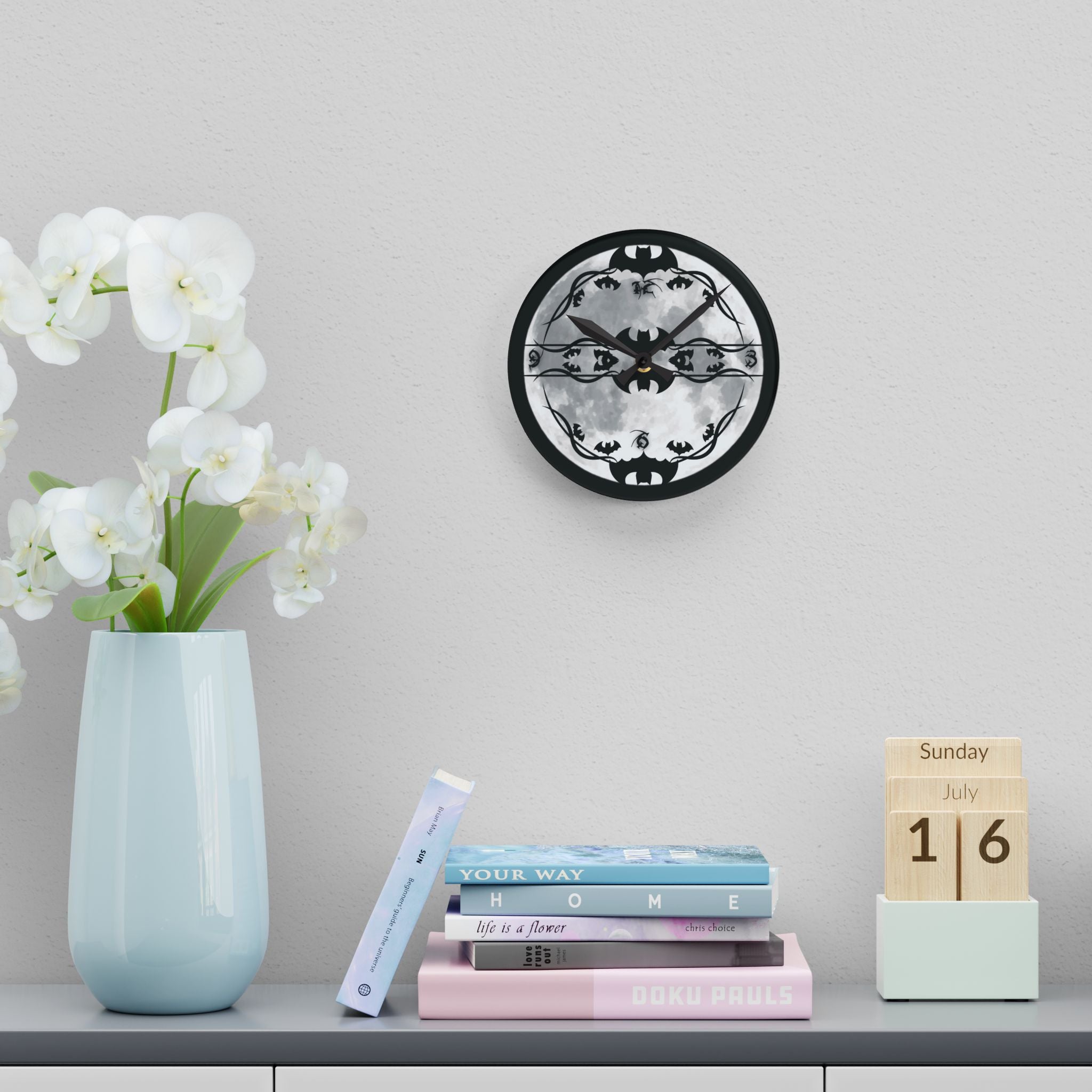 Gothic Bats Full Moon Wall Clock — Halloween Acrylic Art Print Home Decor