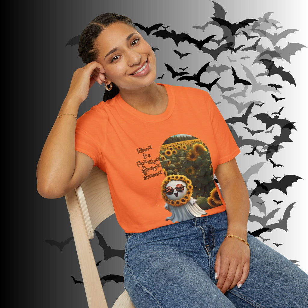 "When It's Finally Spooky Season" Ghost Sunflower T-Shirt — Halloween Tee