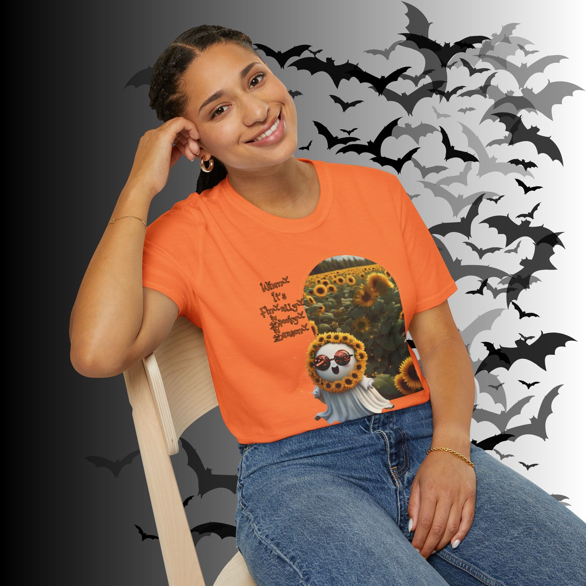 "When It's Finally Spooky Season" Ghost Sunflower T-Shirt — Halloween Tee