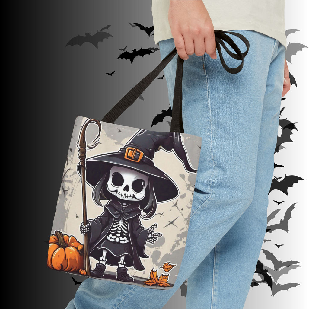 Skeleton Witch Halloween Tote Bag — Spooky Chibi Witch Print