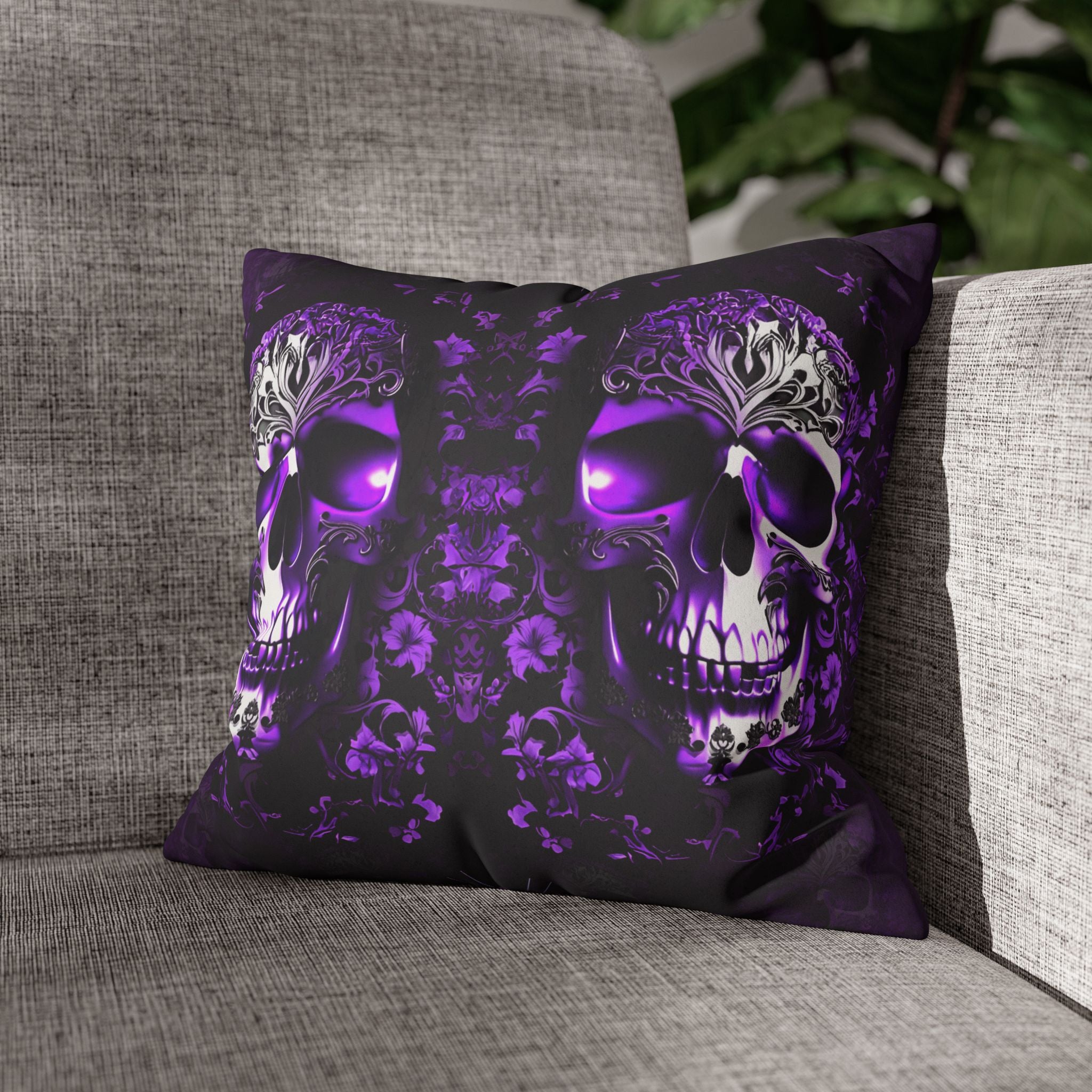Purple Gothic Skull Throw Pillow — Damask Dark Home Decor