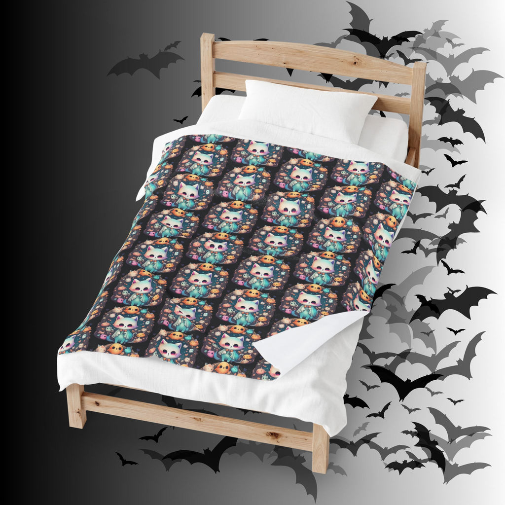 Creepy Cute Kawaii Cat Throw Blanket — Pastel Goth Ghost Dark Home Decor