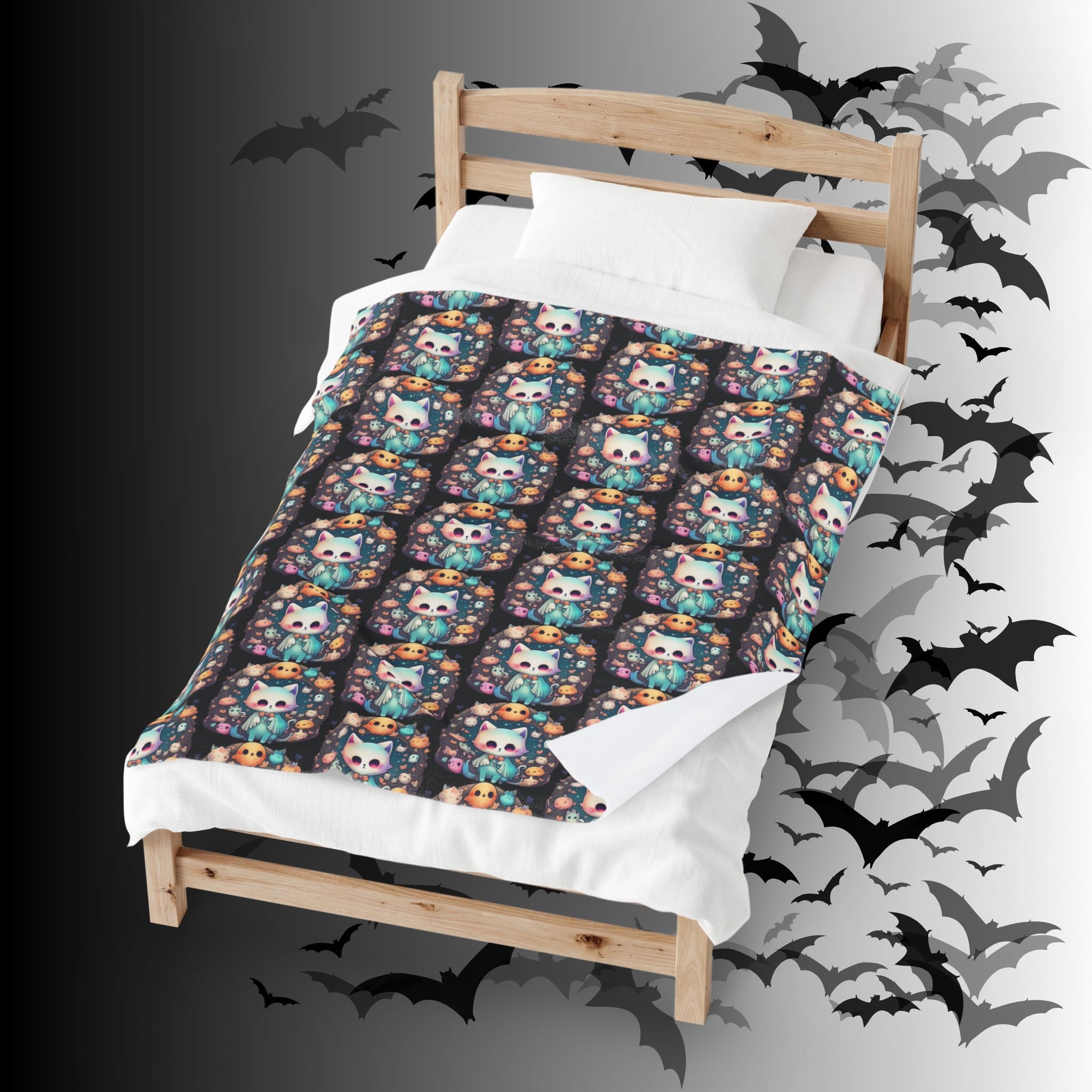 Creepy Cute Kawaii Cat Throw Blanket — Pastel Goth Ghost Dark Home Decor
