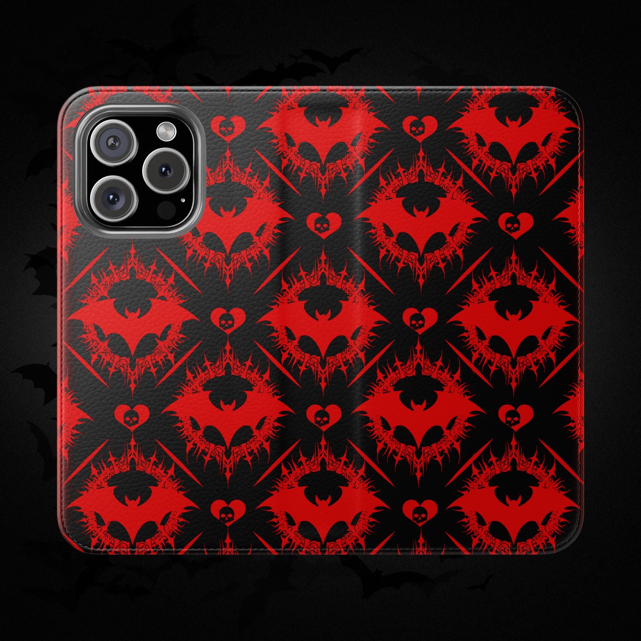 Gothic Bat Wallet Flip Case - Elegant Goth Phone Wallet - Bat Pattern Flip Case - Gothic Phone Case - Stylish Wallet Phone Case