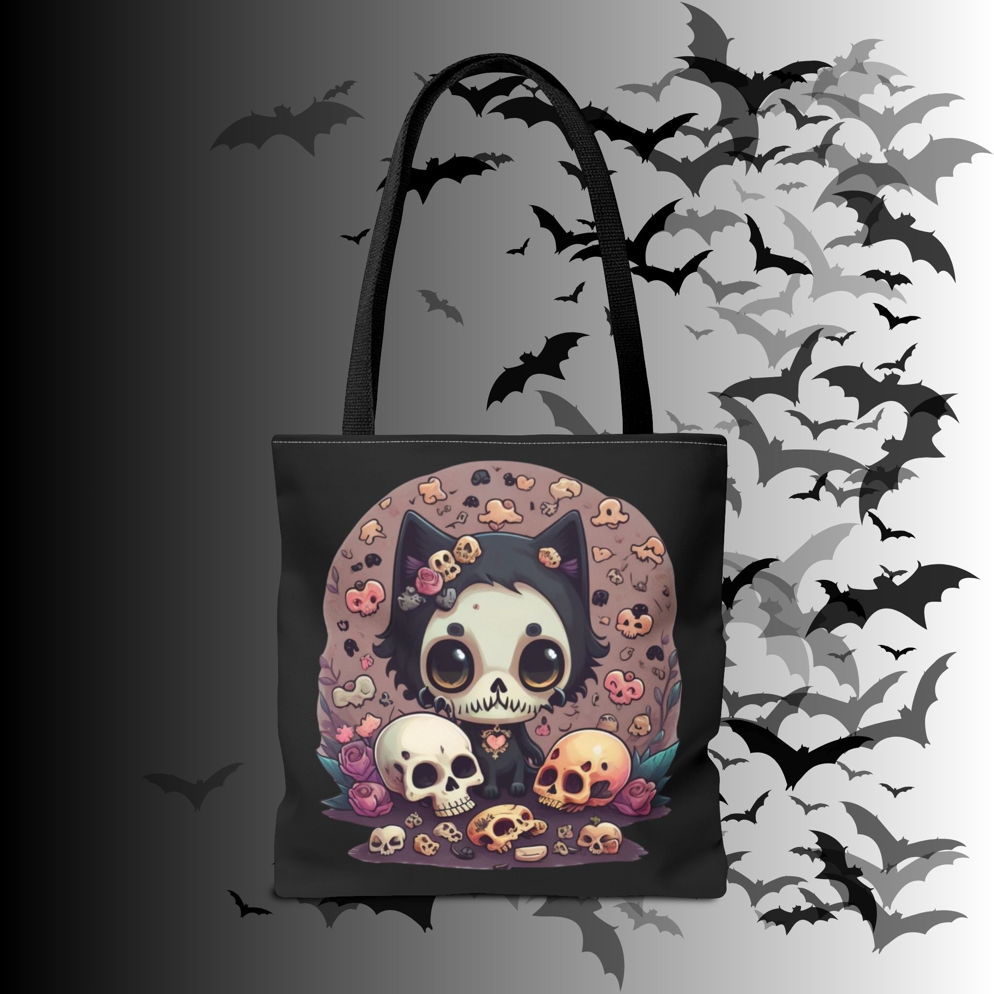 Kawaii Skull Cat Tote Bag — Gothic Cute Skull Illustration