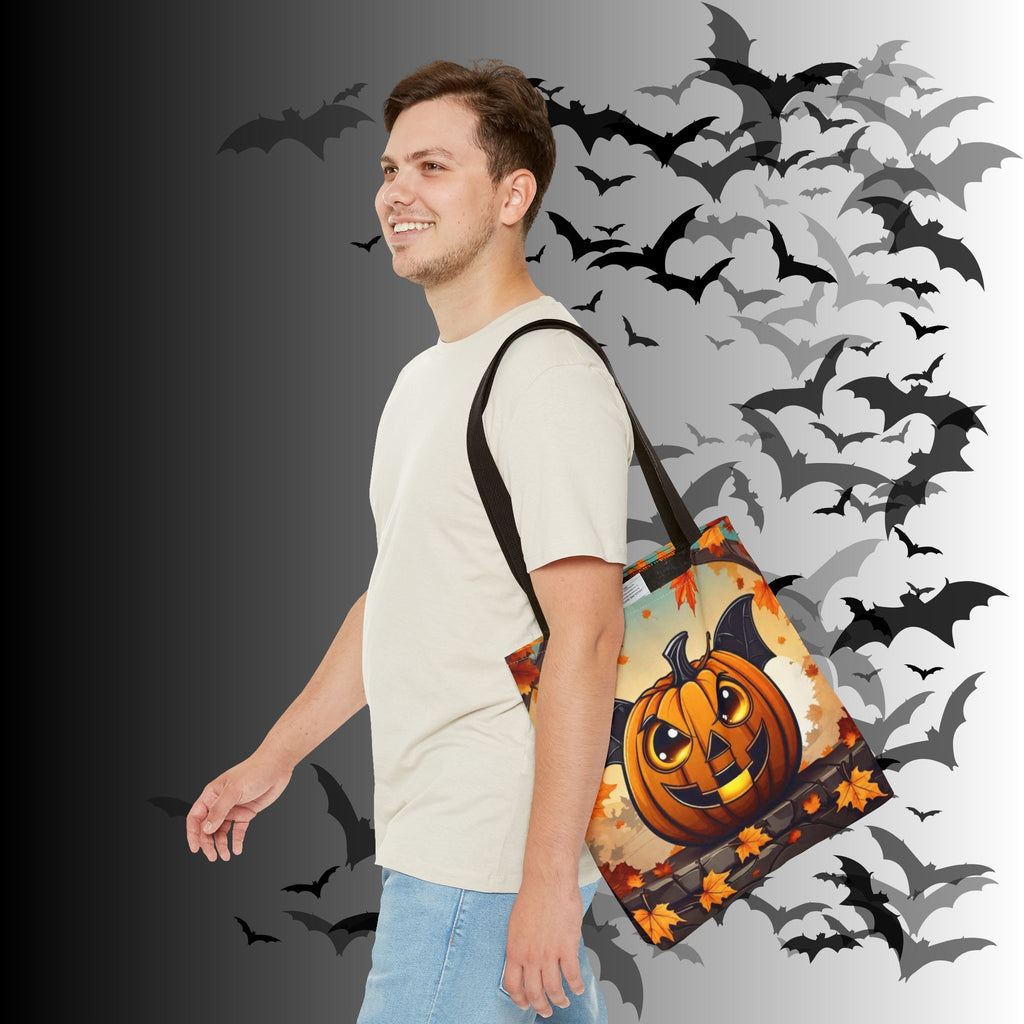 Bat Wing Jack-o'-Lantern Halloween Tote Bag — Autumn Leaves Print