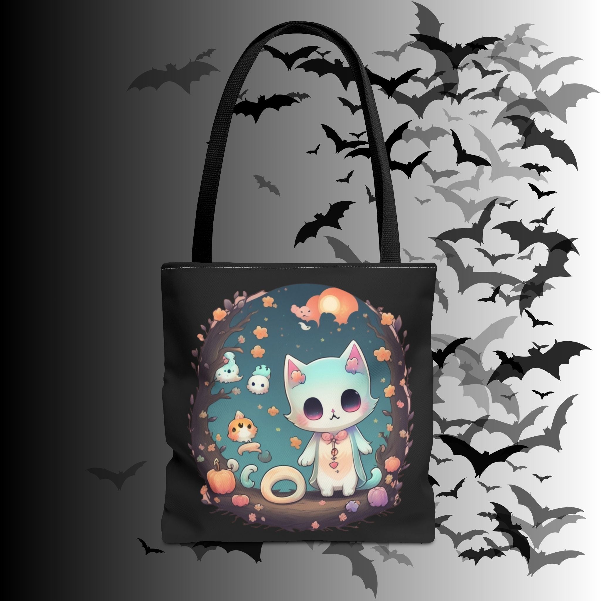 Pastel Goth Kawaii Cat Halloween Tote Bag — Moonlit Forest Scene