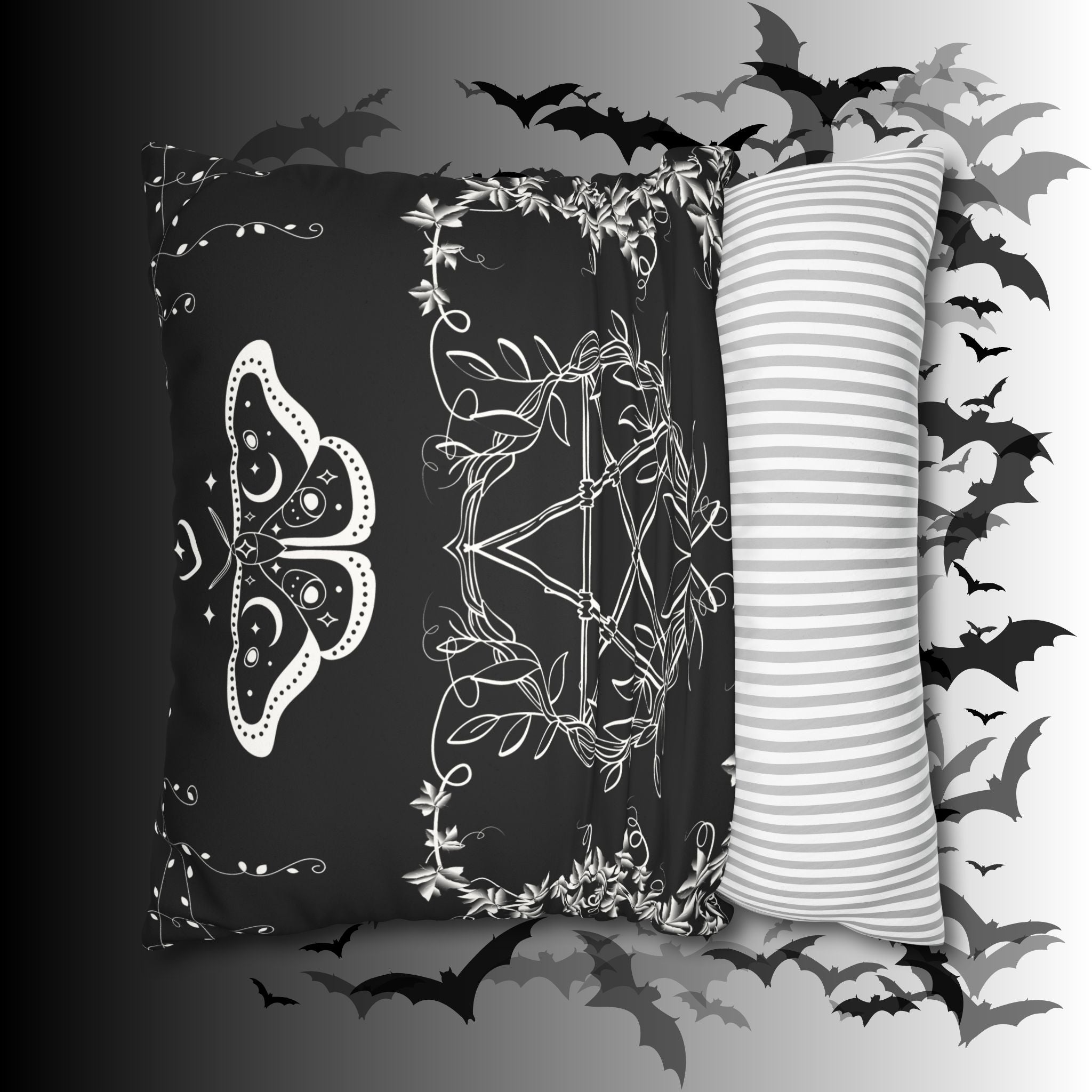 Witchy Moth Pentagram Throw Pillow — Botanical Gothic Dark Home Decor