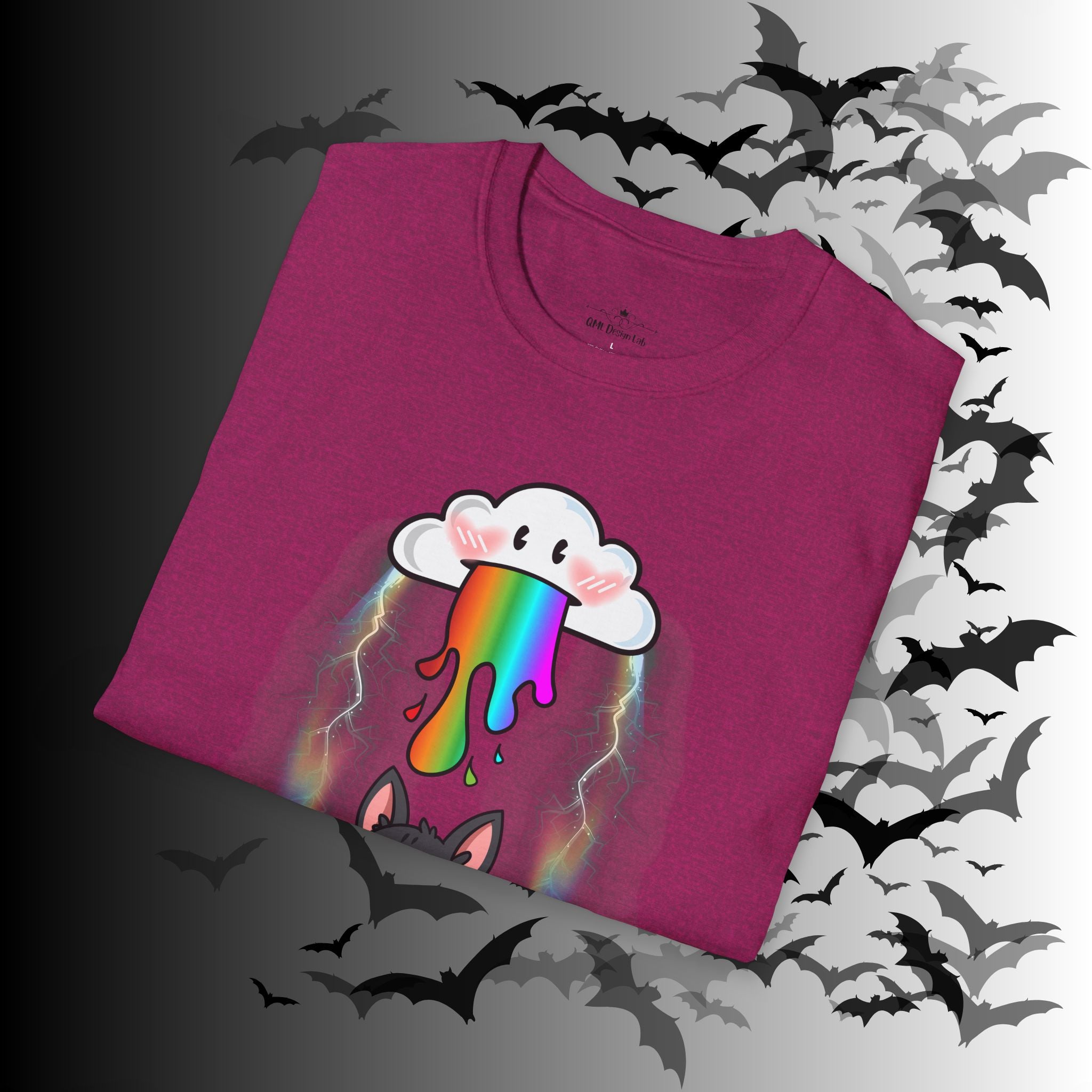 Rainbow Vomit Cloud Bat T-Shirt — Kawaii Goth Pride Unisex Tee
