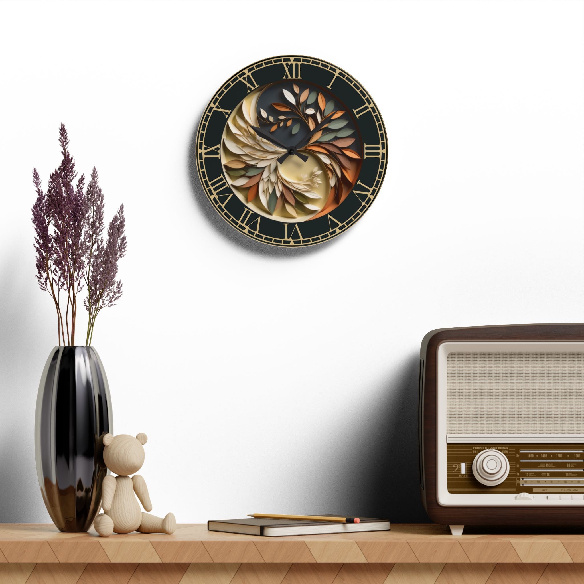 Origami Style Yin Yang Botanical Acrylic Art Print Wall Clock — NOT Real Origami, Zen Home Decor