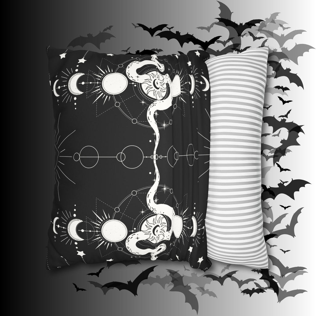 Celestial Snake Moon Phases Throw Pillow — Witchy Gothic Dark Home Decor
