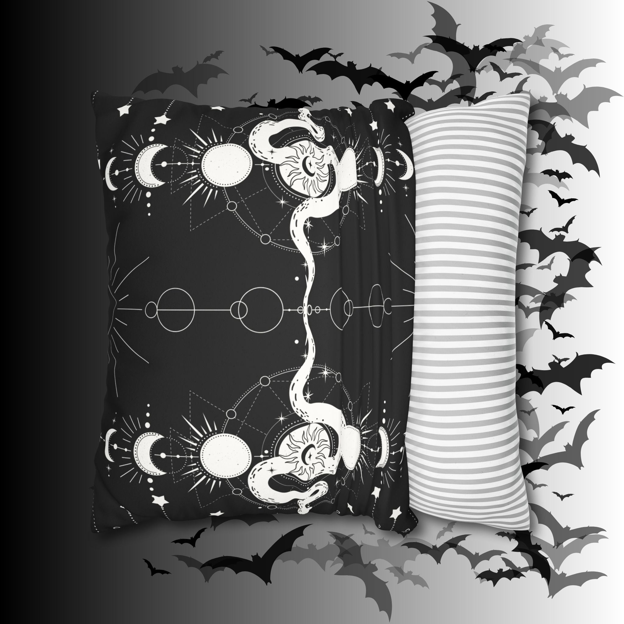 Celestial Snake Moon Phases Throw Pillow — Witchy Gothic Dark Home Decor