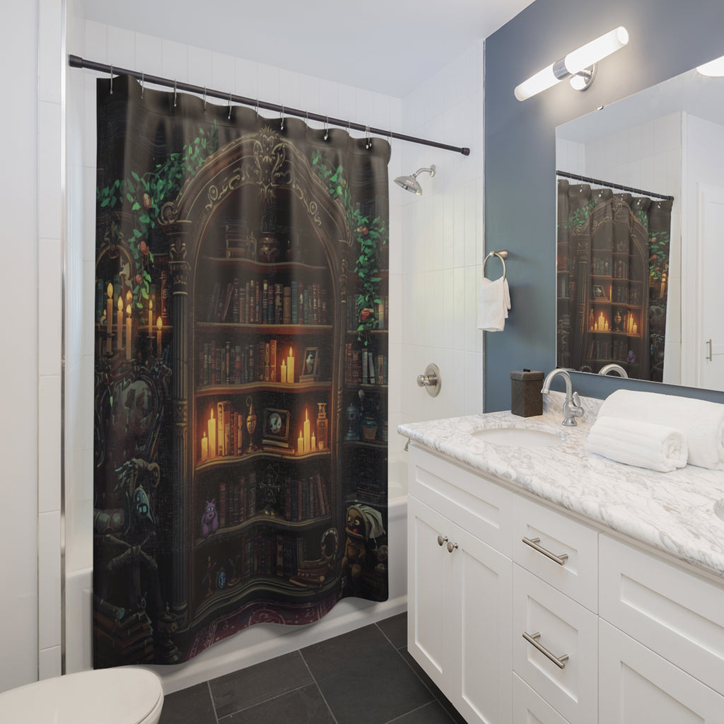 Dark fantasy shower curtain with a warmly candlelit gothic bookcase inside an ornate ivy-draped arch filled with aged books, potion bottles, candles, and small fantastical creatures displayed in a white bathroom