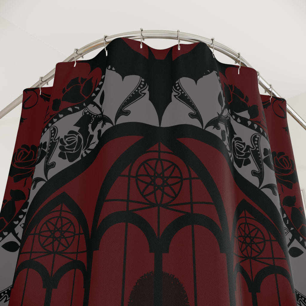Gothic Cathedral Bats Shower Curtain — Crimson Rose Mandala Bathroom Decor