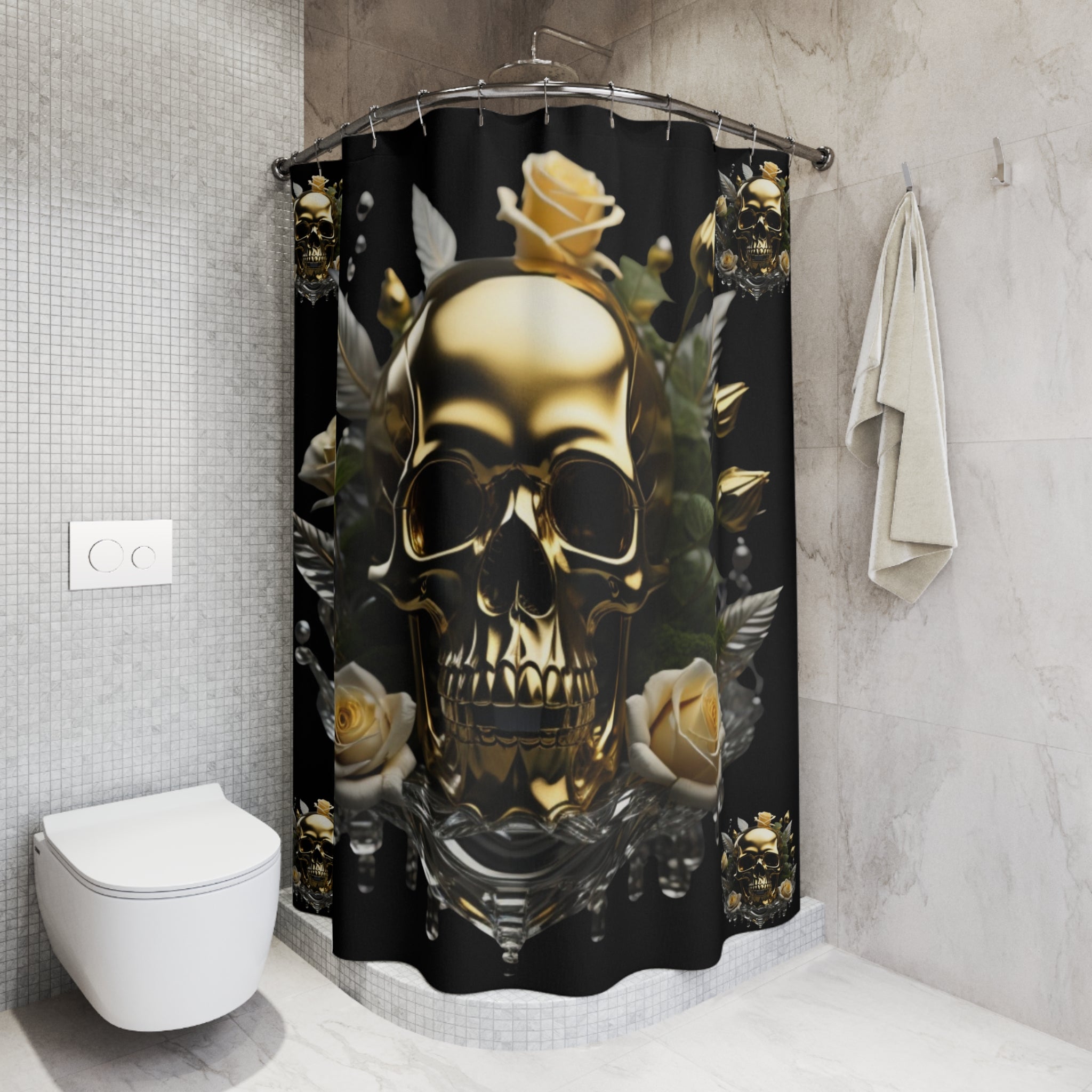 Gothic Gold Skull Crystal Rose Shower Curtain — Whimsigoth Bathroom Decor