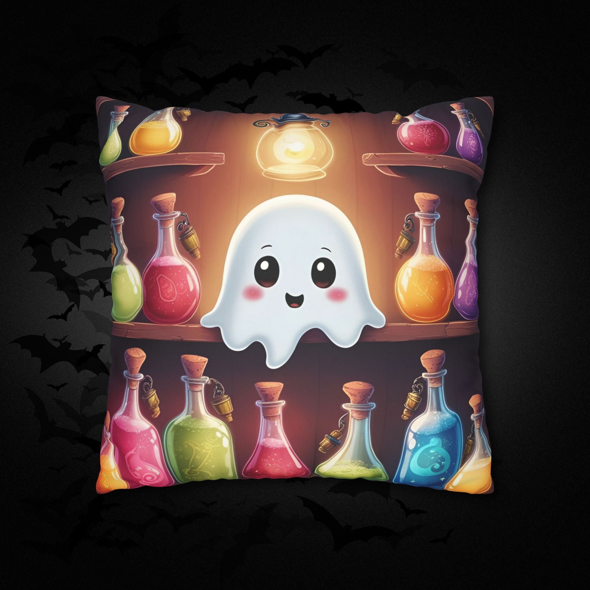 Apothecary Ghost Throw Pillow — Whimsigoth Potion Shelf Dark Home Decor