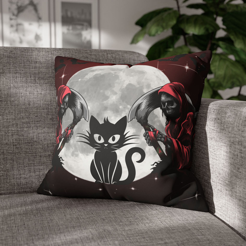 Gothic Black Cat Grim Reaper Throw Pillow — Moonlit Dark Home Decor
