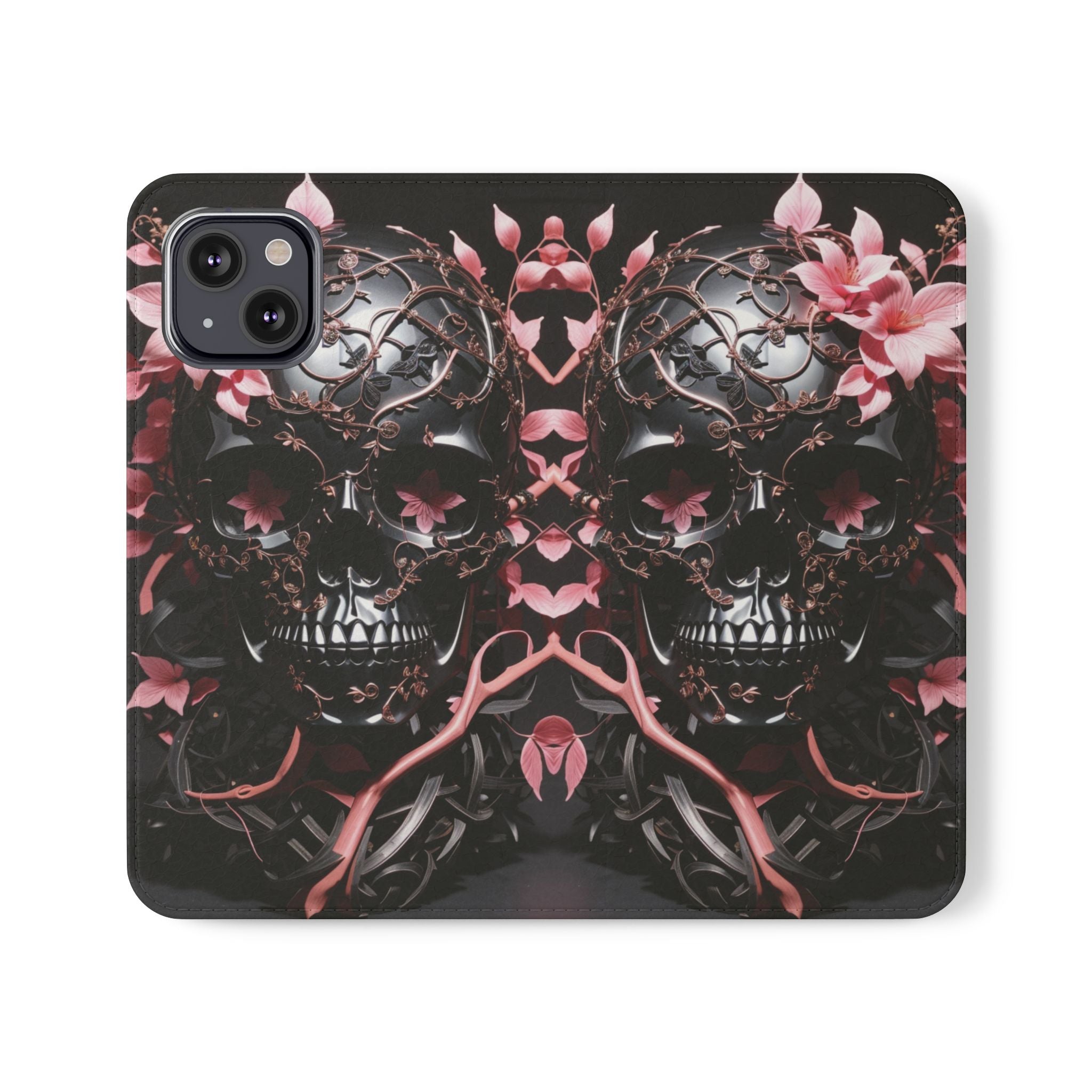 Pink Pastel Goth Skull Flip Wallet Phone Case - Skull Wallet Case for Samsung iPhone - Gothic Style Skull Wallet Phone Cases