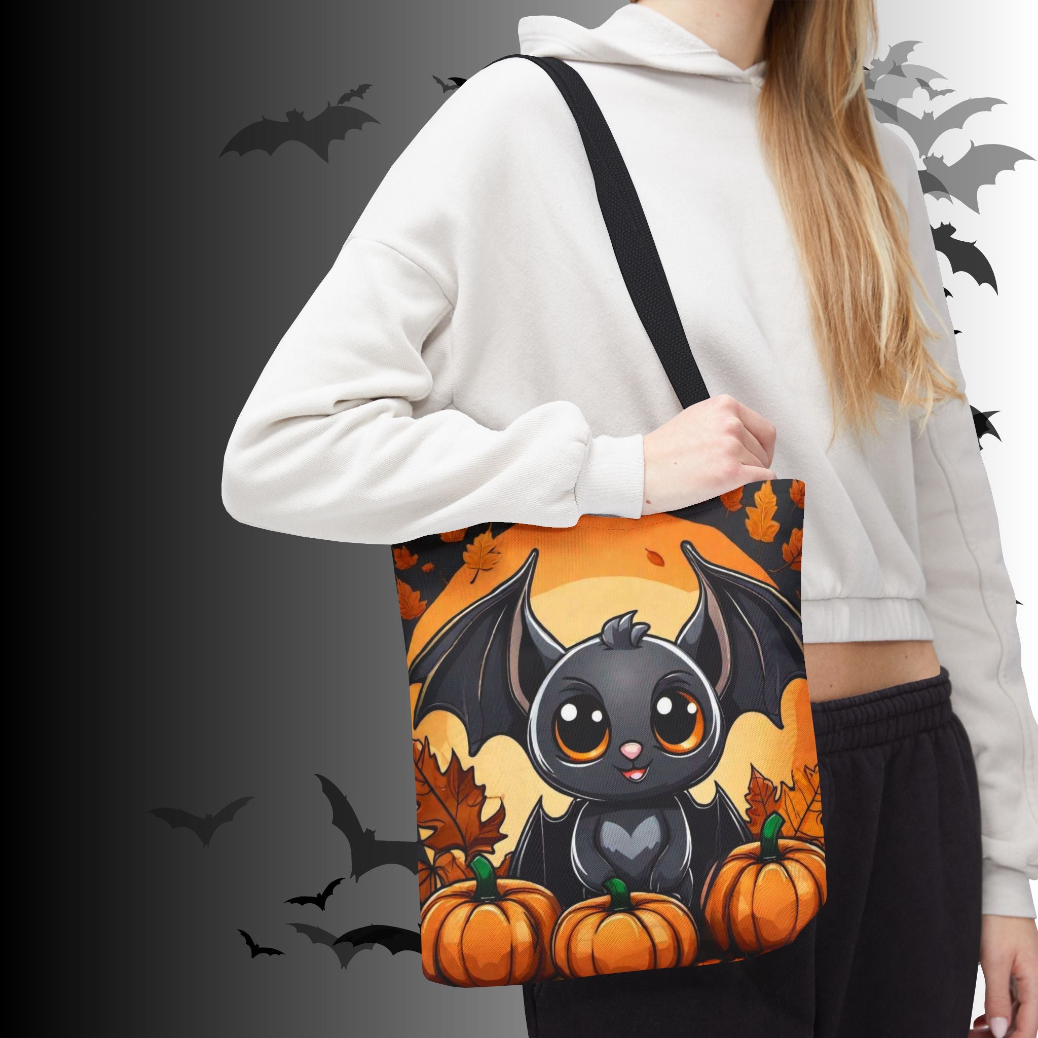 Kawaii Bat & Pumpkin Halloween Tote Bag — Autumn Full Moon Print
