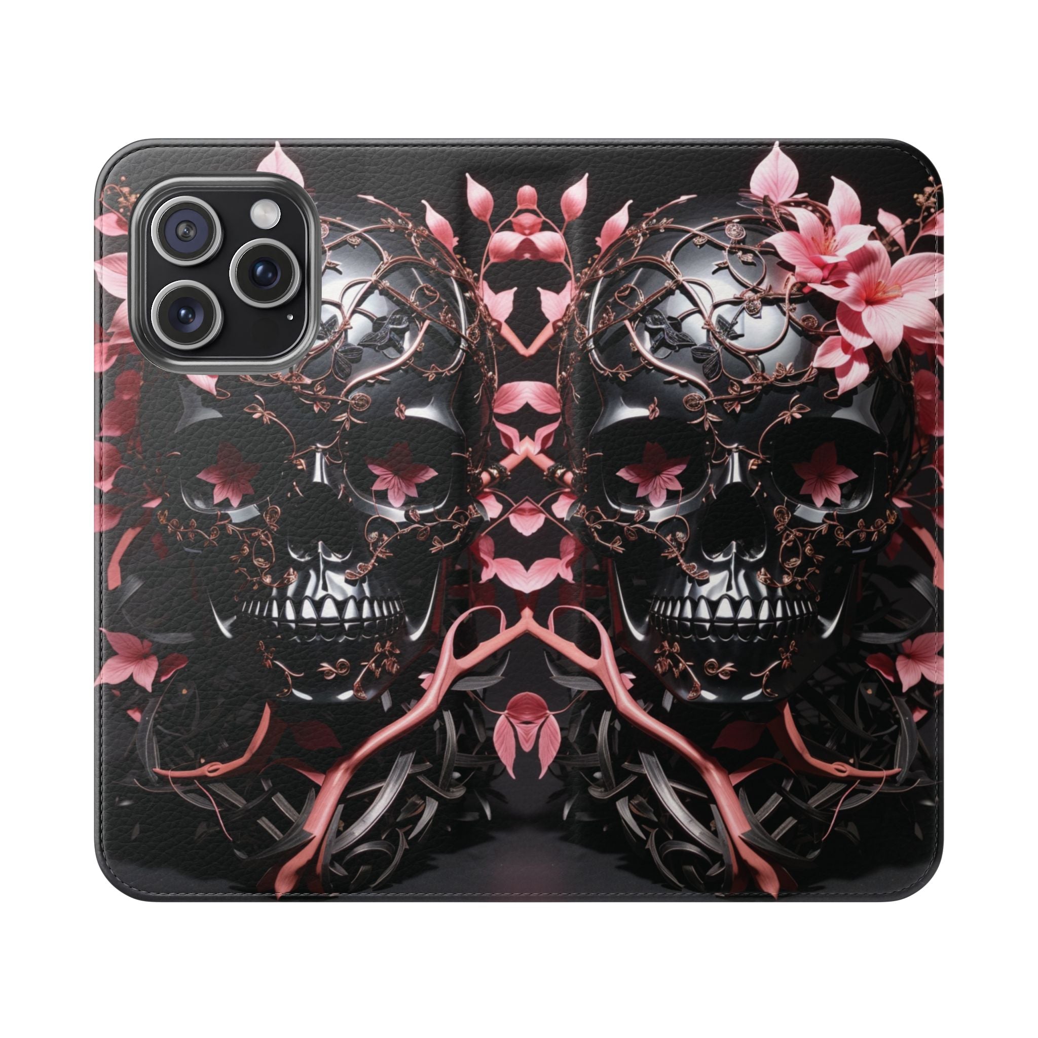 Pink Pastel Goth Skull Flip Wallet Phone Case - Skull Wallet Case for Samsung iPhone - Gothic Style Skull Wallet Phone Cases