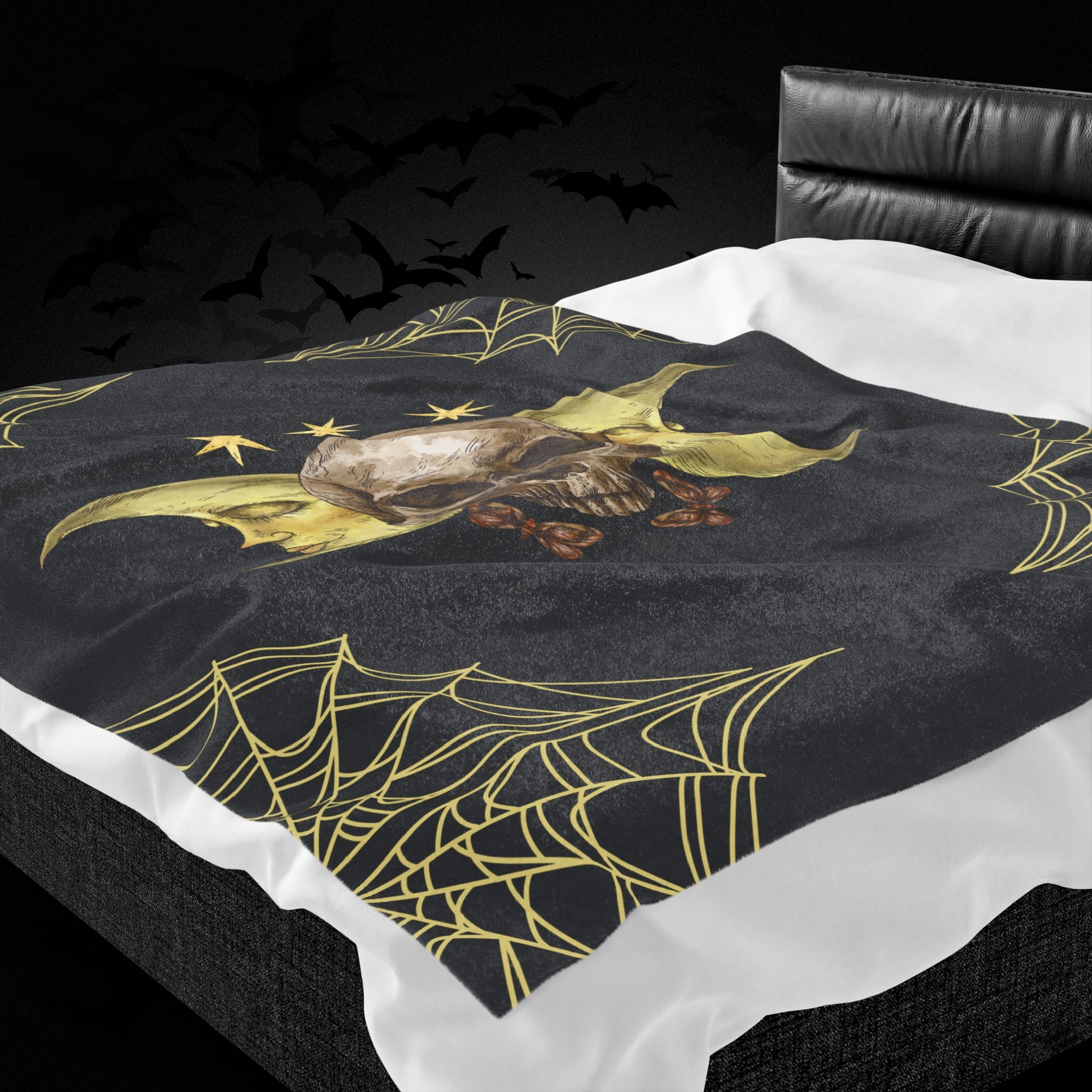 Gothic Gold Moon Skull Throw Blanket — Moonlit Halloween Home Decor