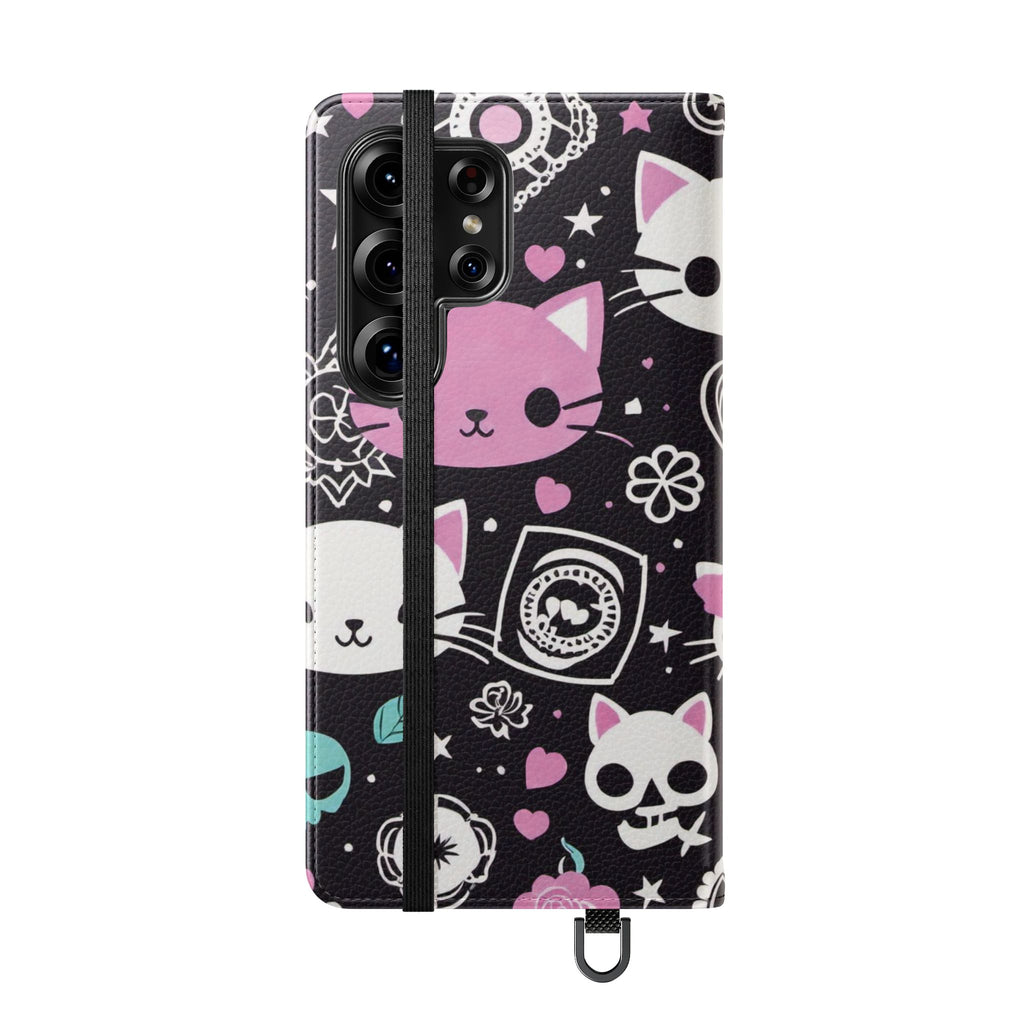Pastel Goth Cat Flip Wallet Phone Case - Goth Cat Wallet Case for Samsung iPhone - Gothic Style Cats Wallet Phone Cases