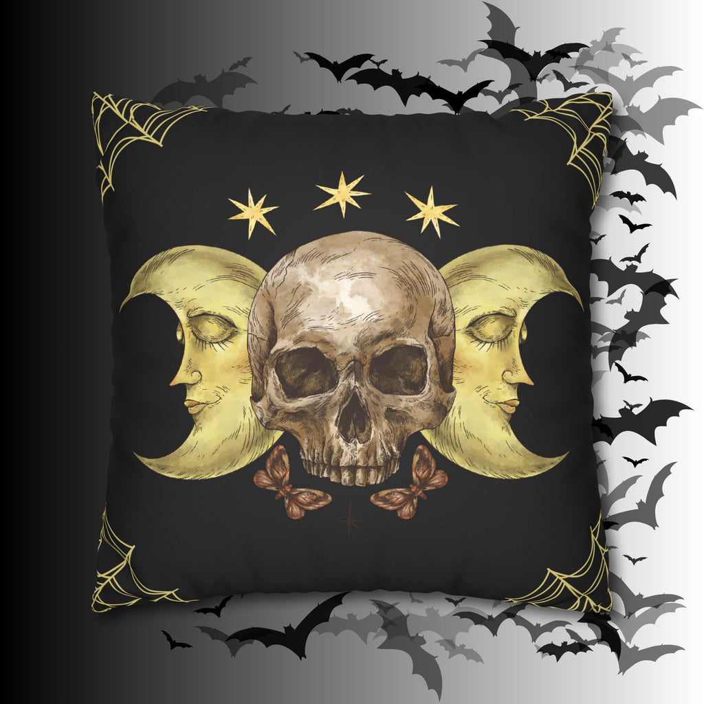 Gothic Moon Skull Throw Pillow — Celestial Dark Home Decor