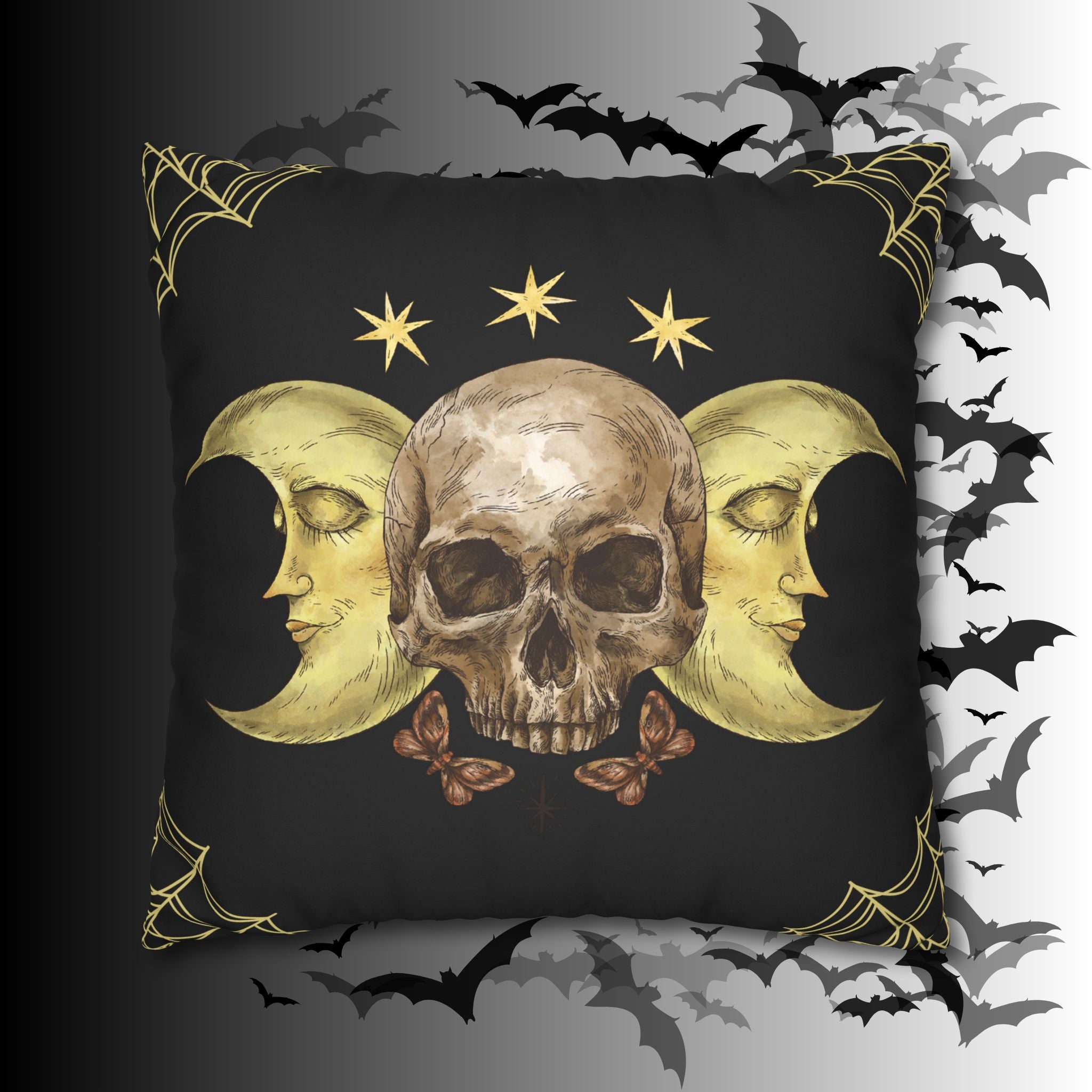Gothic Moon Skull Throw Pillow — Celestial Dark Home Decor
