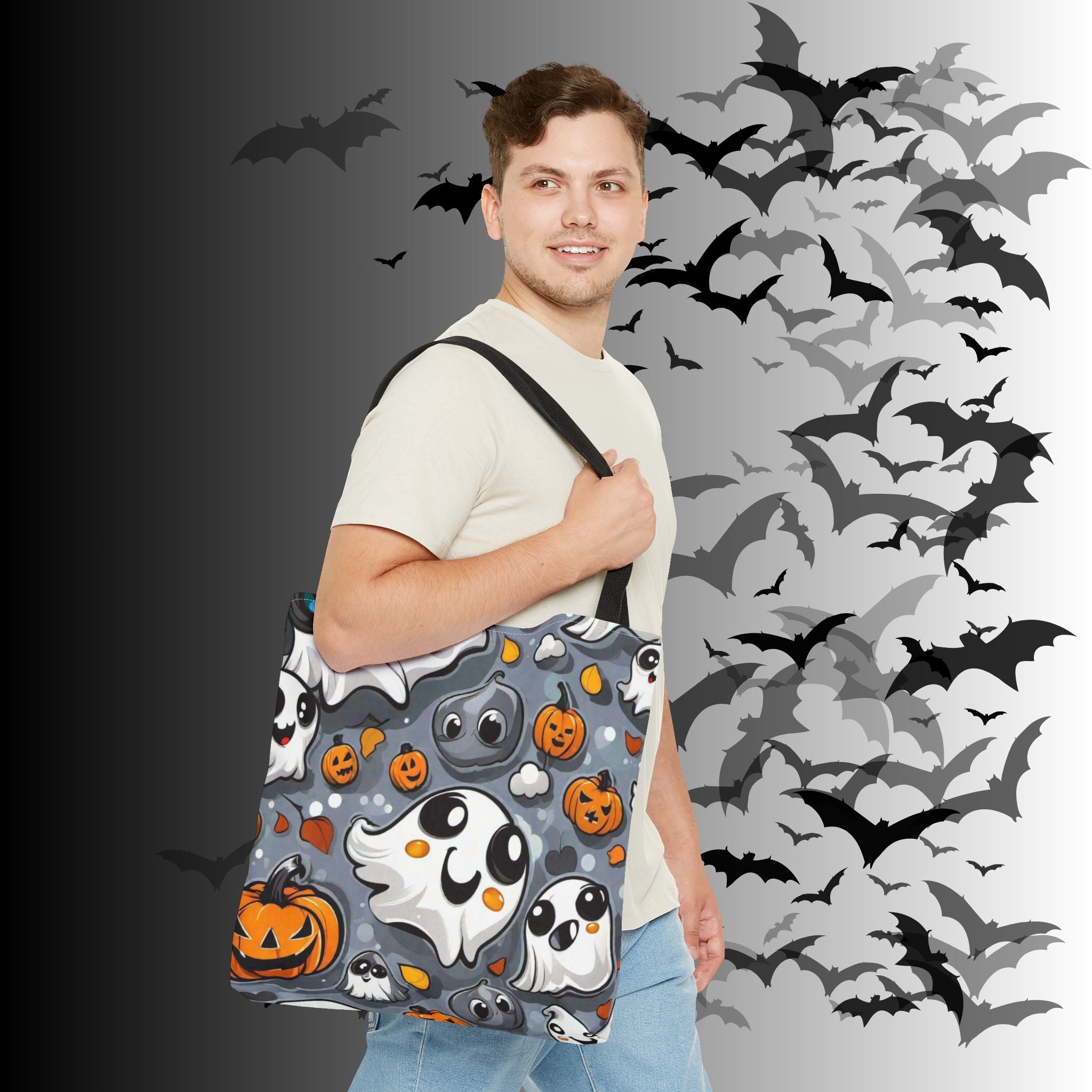 Kawaii Ghost & Pumpkin Halloween Tote Bag — Spooky All-Over Print