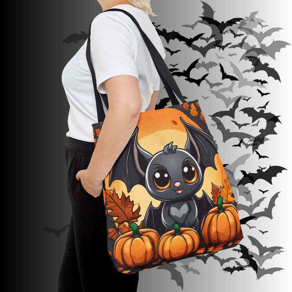 Kawaii Bat & Pumpkin Halloween Tote Bag — Autumn Full Moon Print