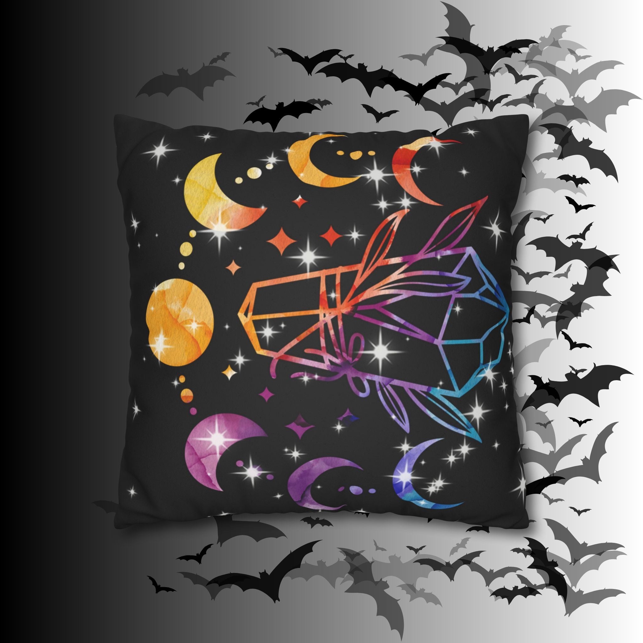 Rainbow Crystal Celestial Throw Pillow — Witchy Gothic Dark Home Decor