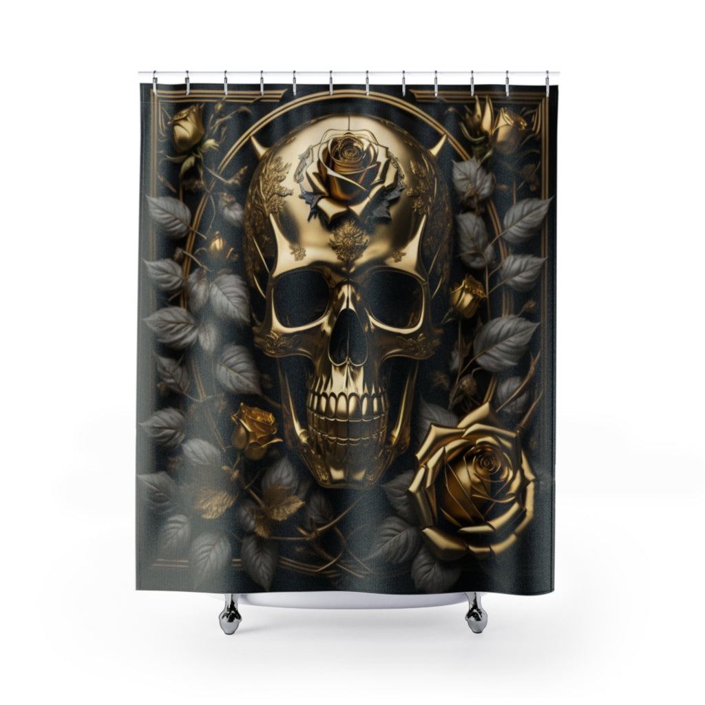 Gothic Black & Gold Skull Rose Shower Curtain — Gothic Glam Bathroom Decor